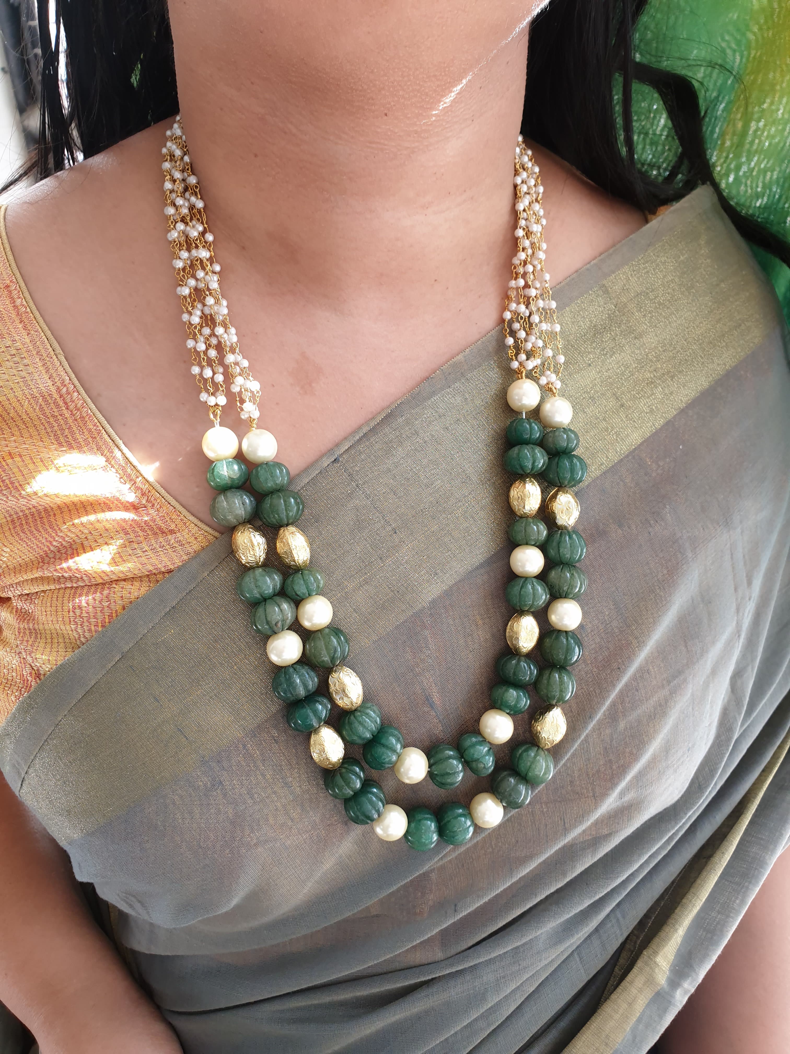 Green Pumpkin Pearl Beaded Necklace With Earrings