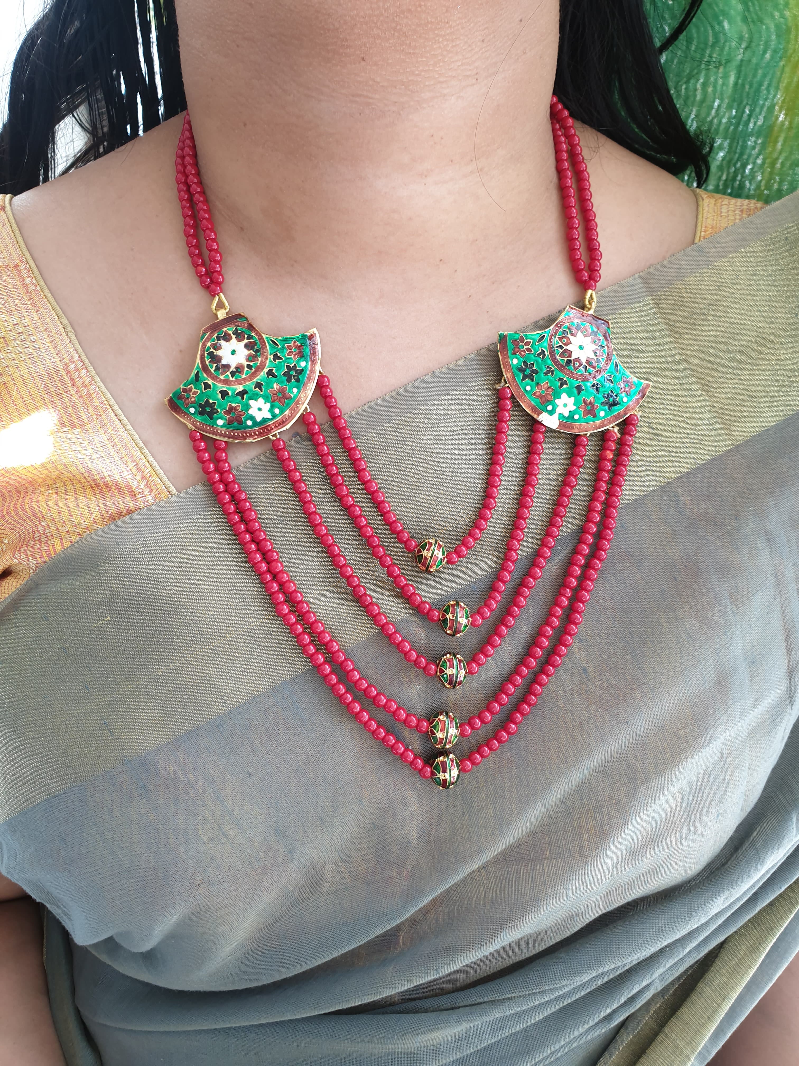 Red Beaded Meenakari Necklace With Earrings