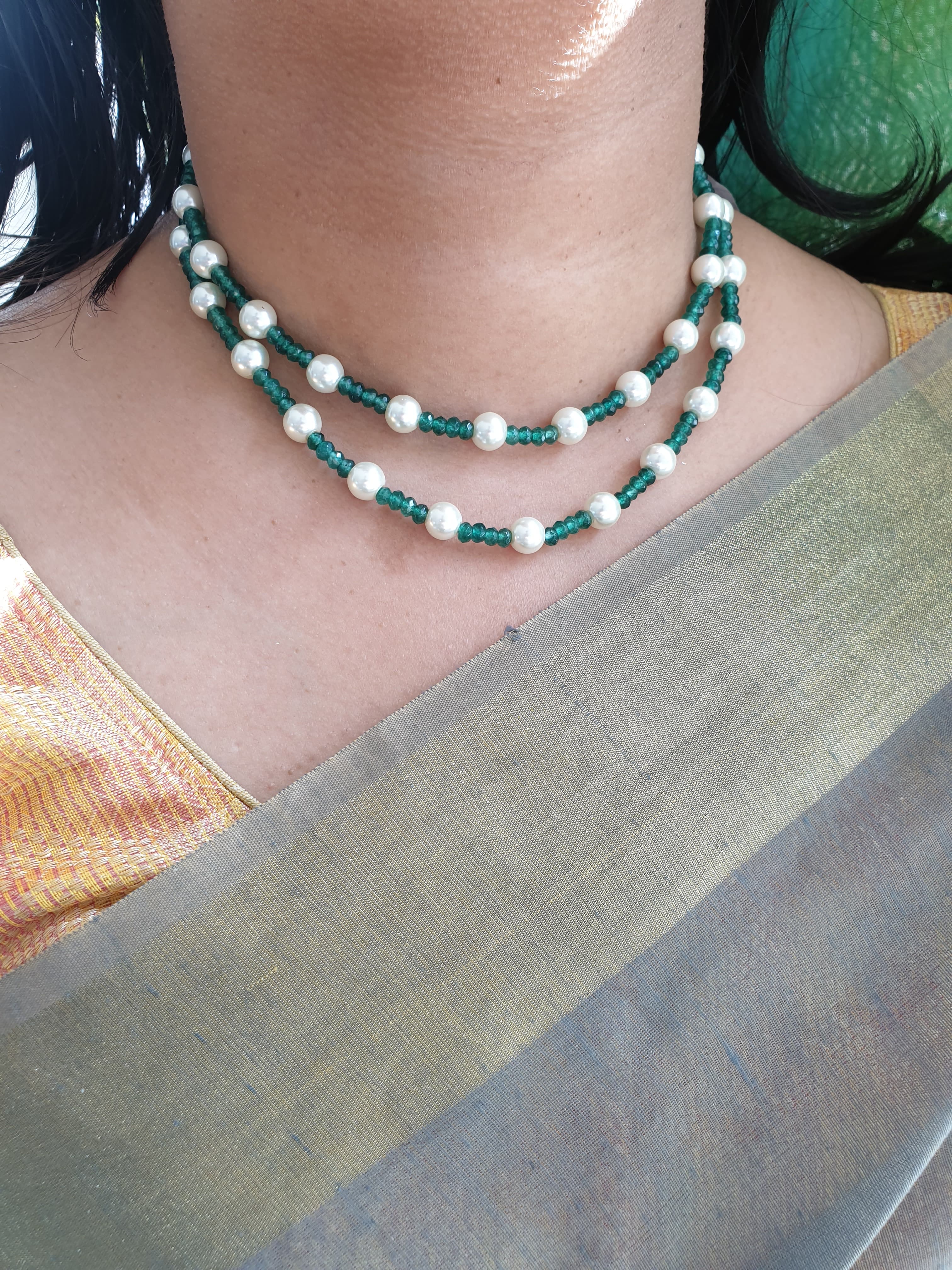 Pearl Beaded Green Stone Necklace