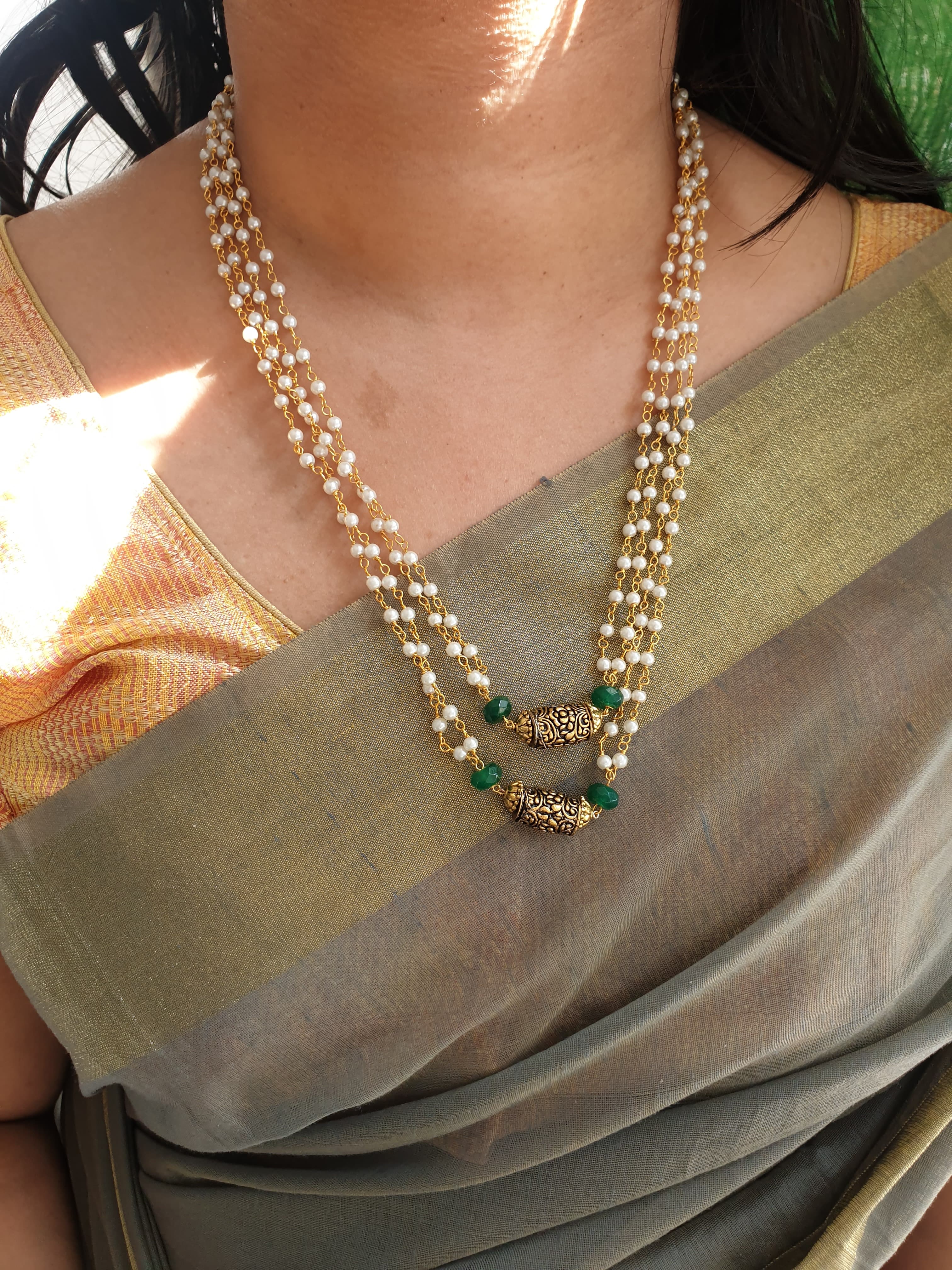 Antique Gold Beaded Pearl Necklace Set