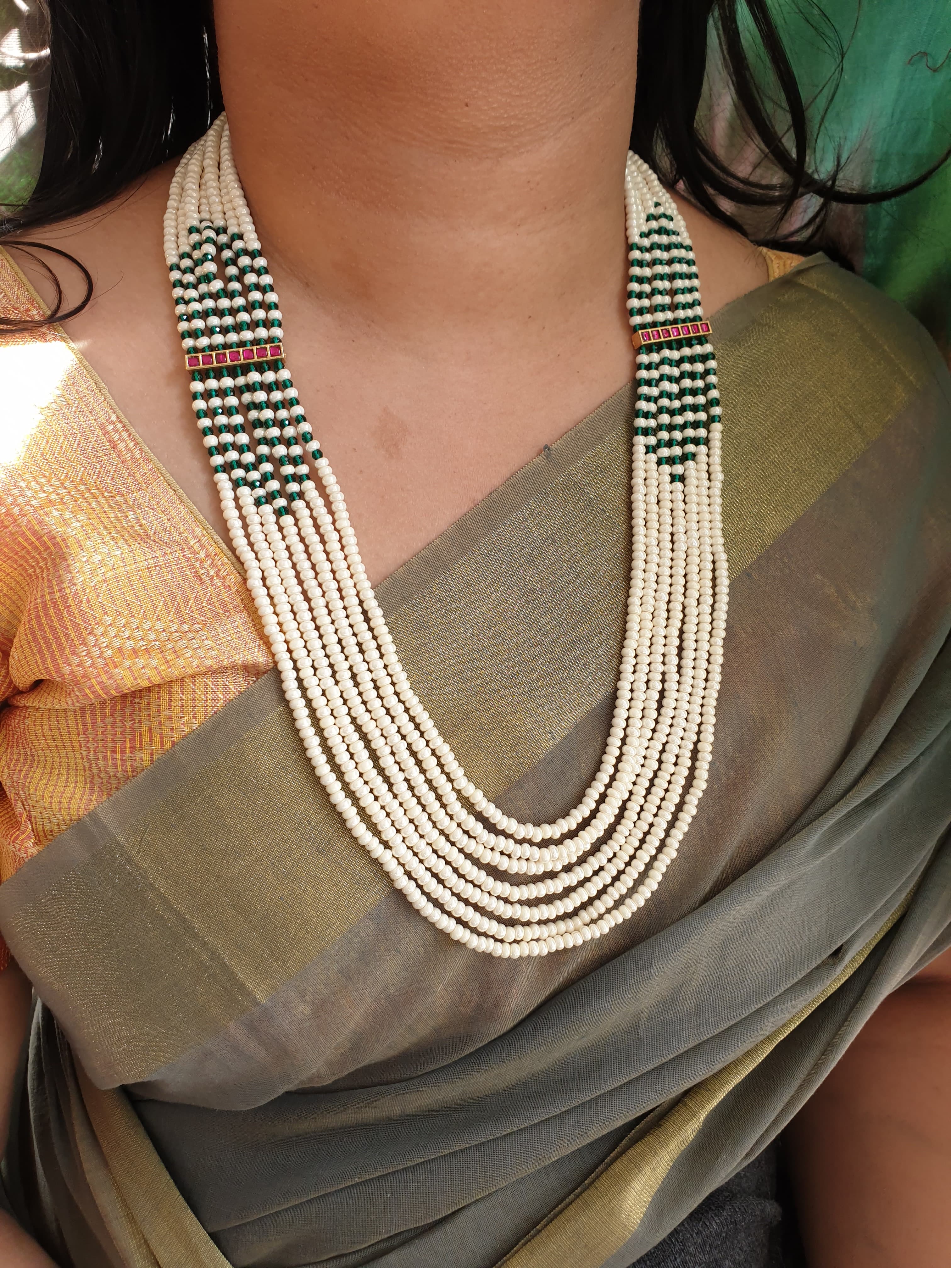Pearl & Green Beads Stone Long Necklace