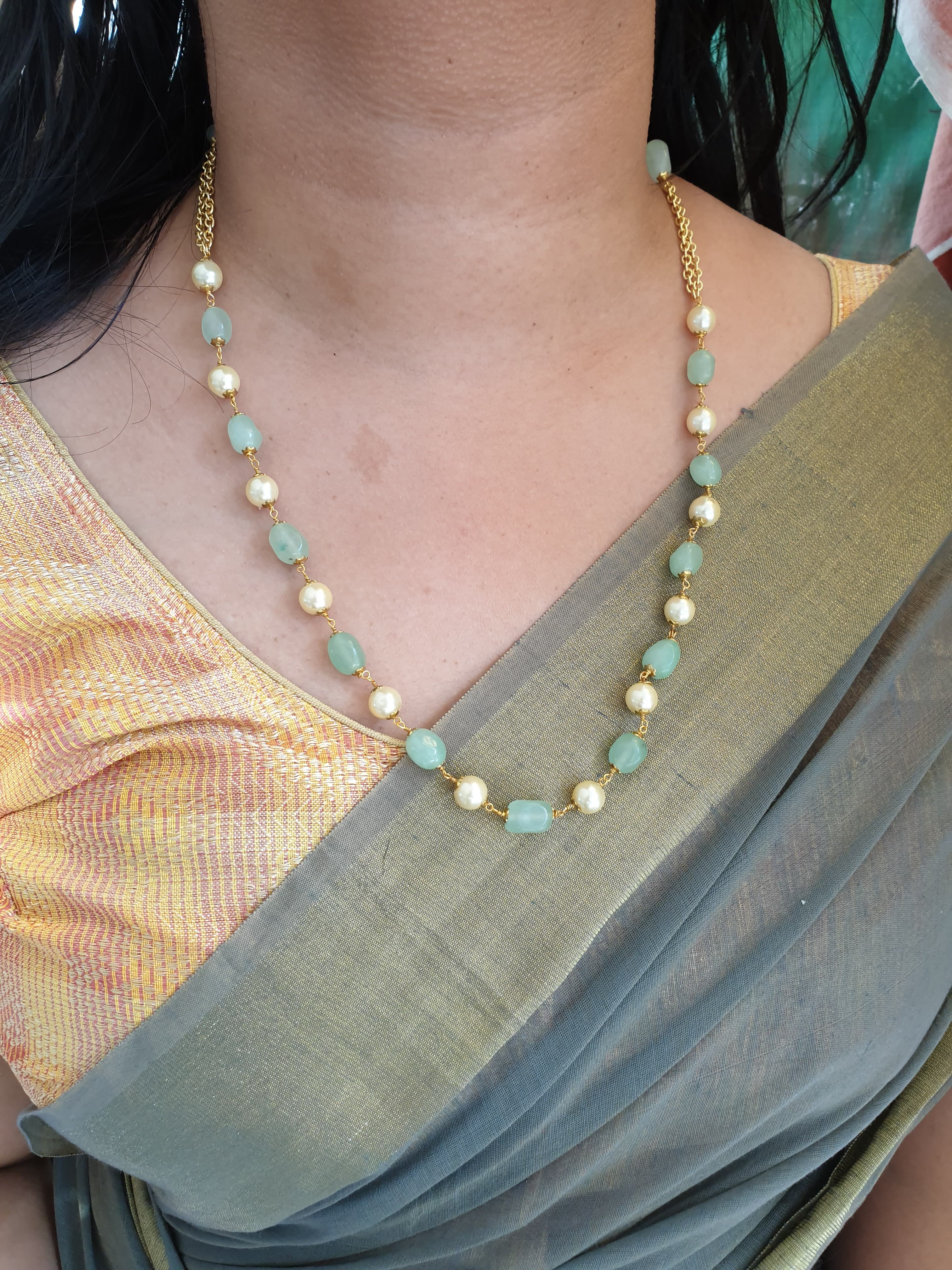 Pearl and Green Beaded Single Line Necklace
