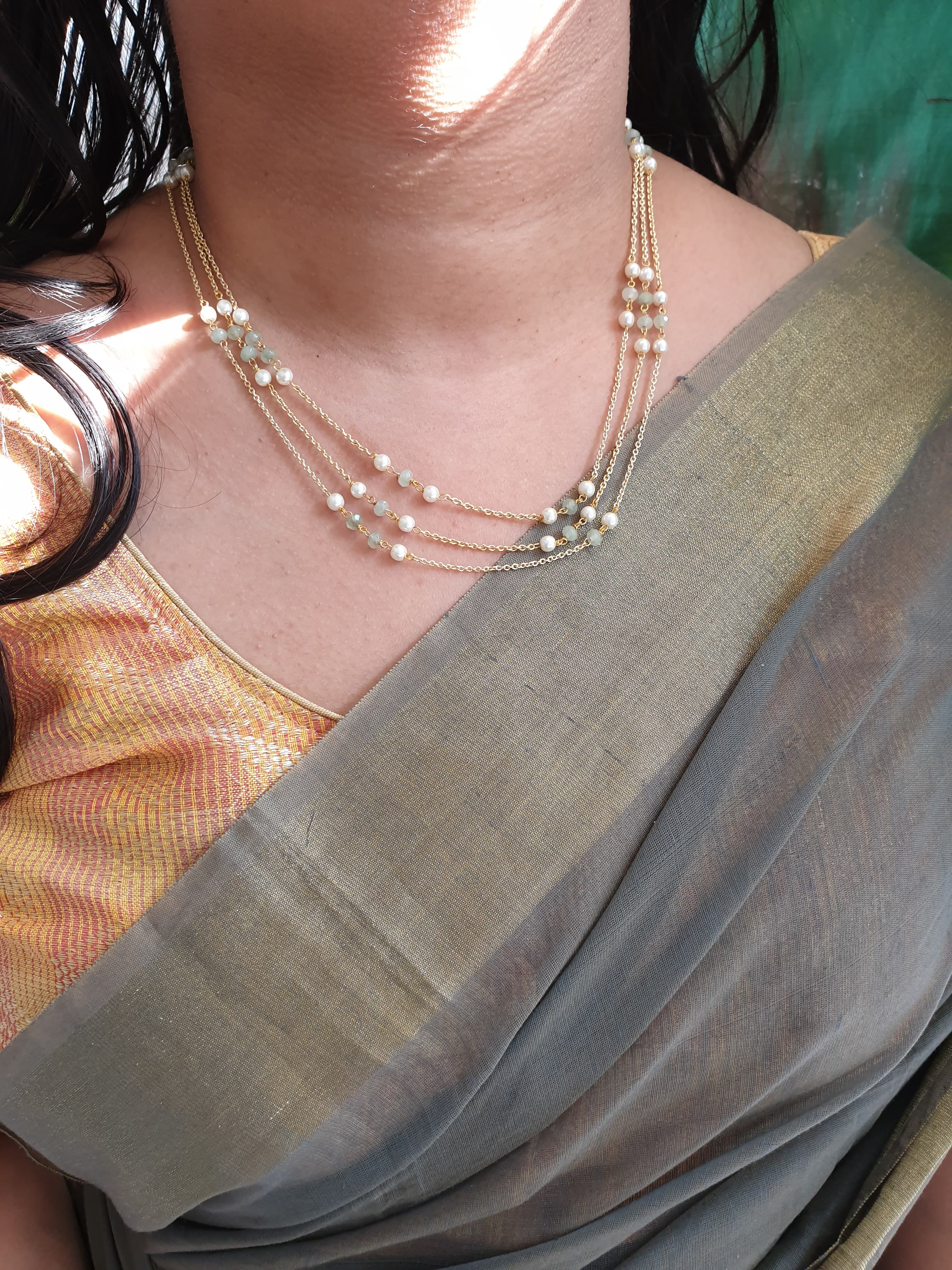 Light Green Beaded Small Pearl Chain Necklace