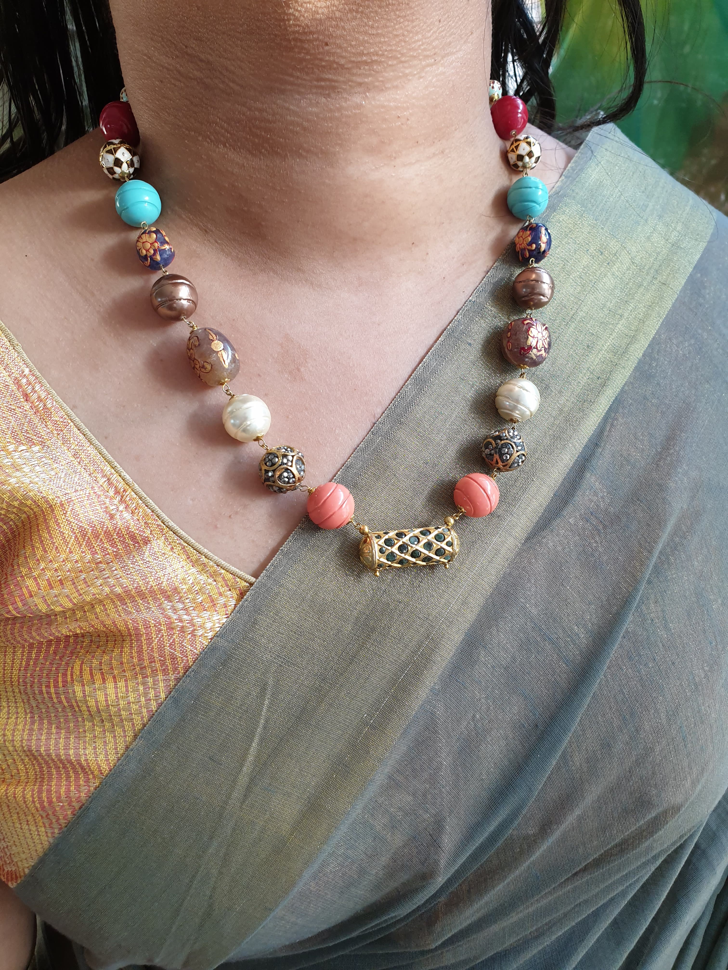 Multi Fancy Beads Necklace With Earrings