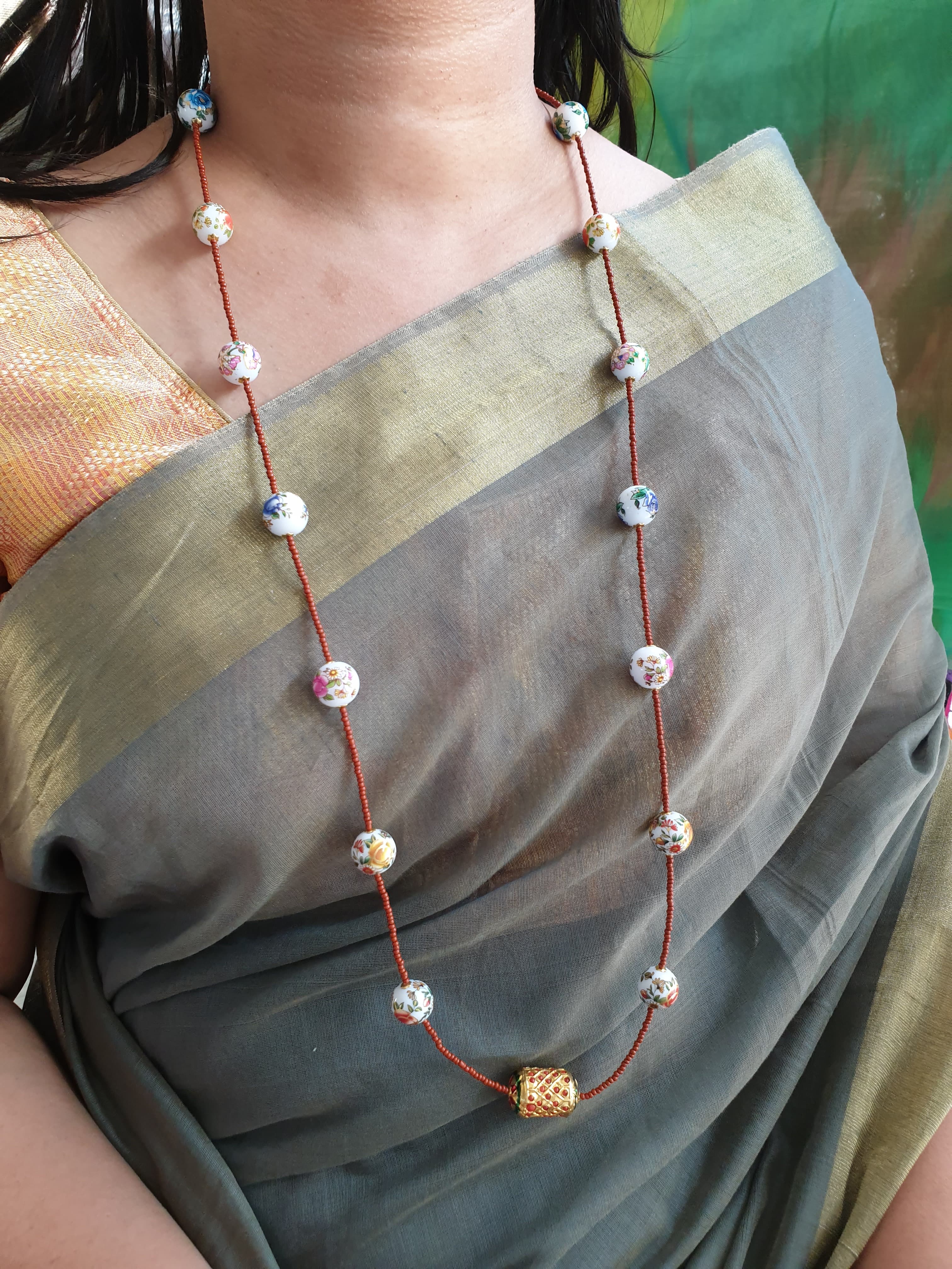 Jadau and Handpainted Bead Necklace