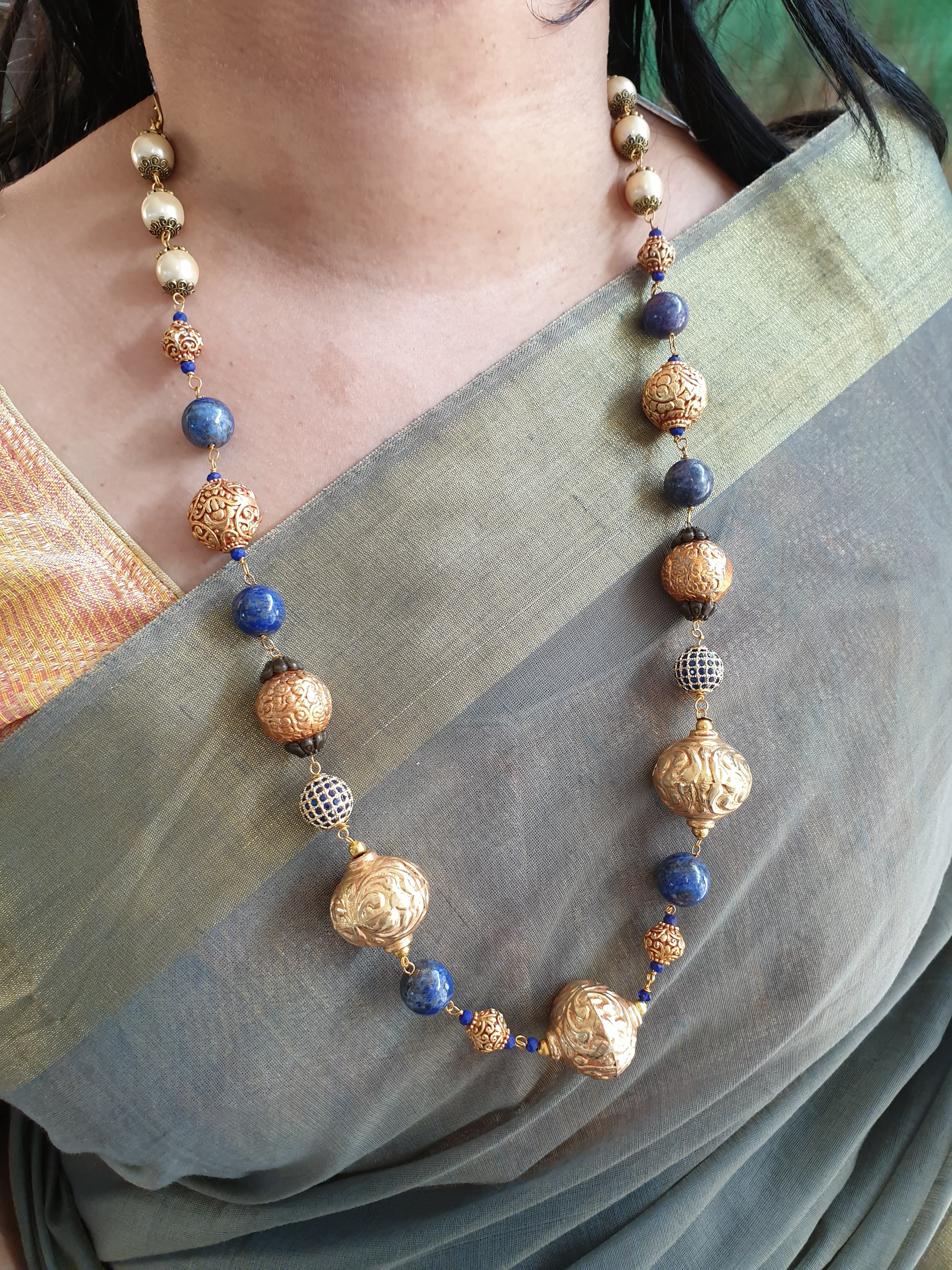 Antique Beads Blue Stone Necklace With Earrings