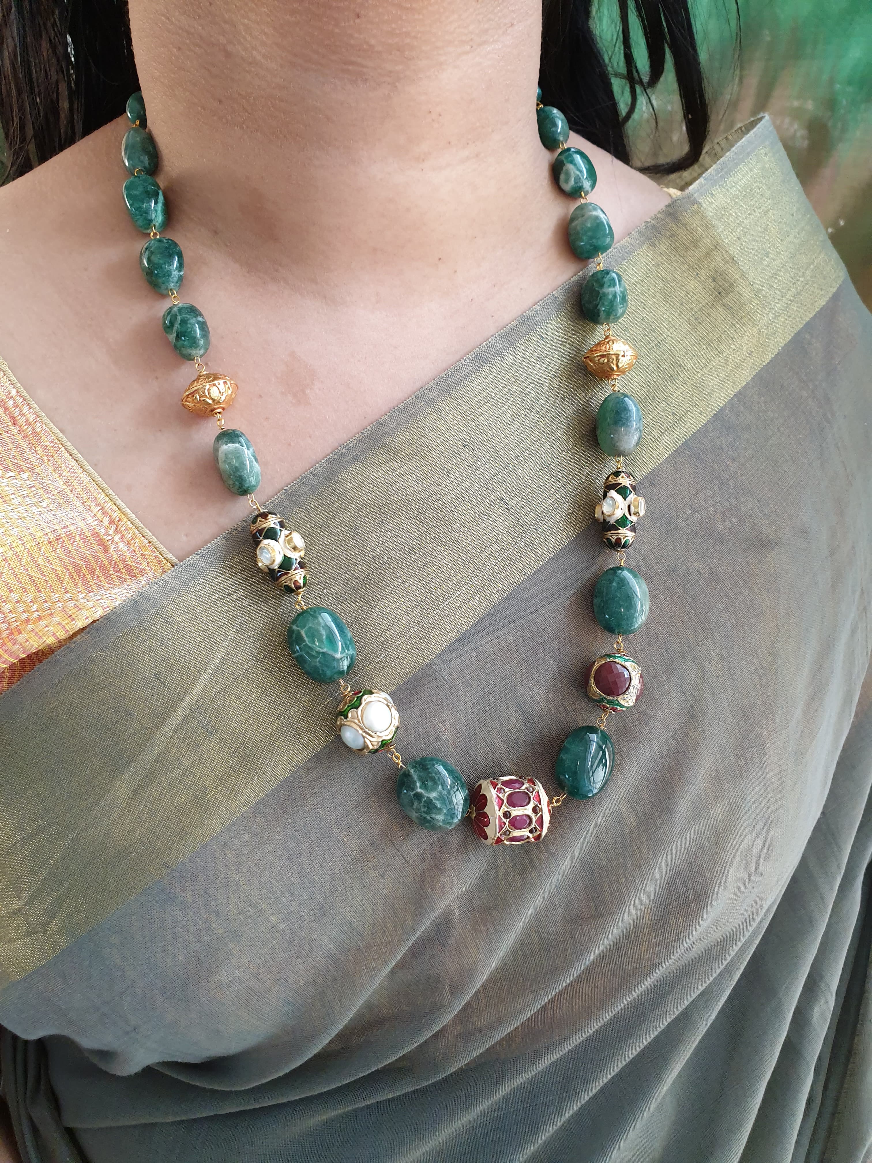 Emerald Stone Jadau Bead Necklace With Earrings