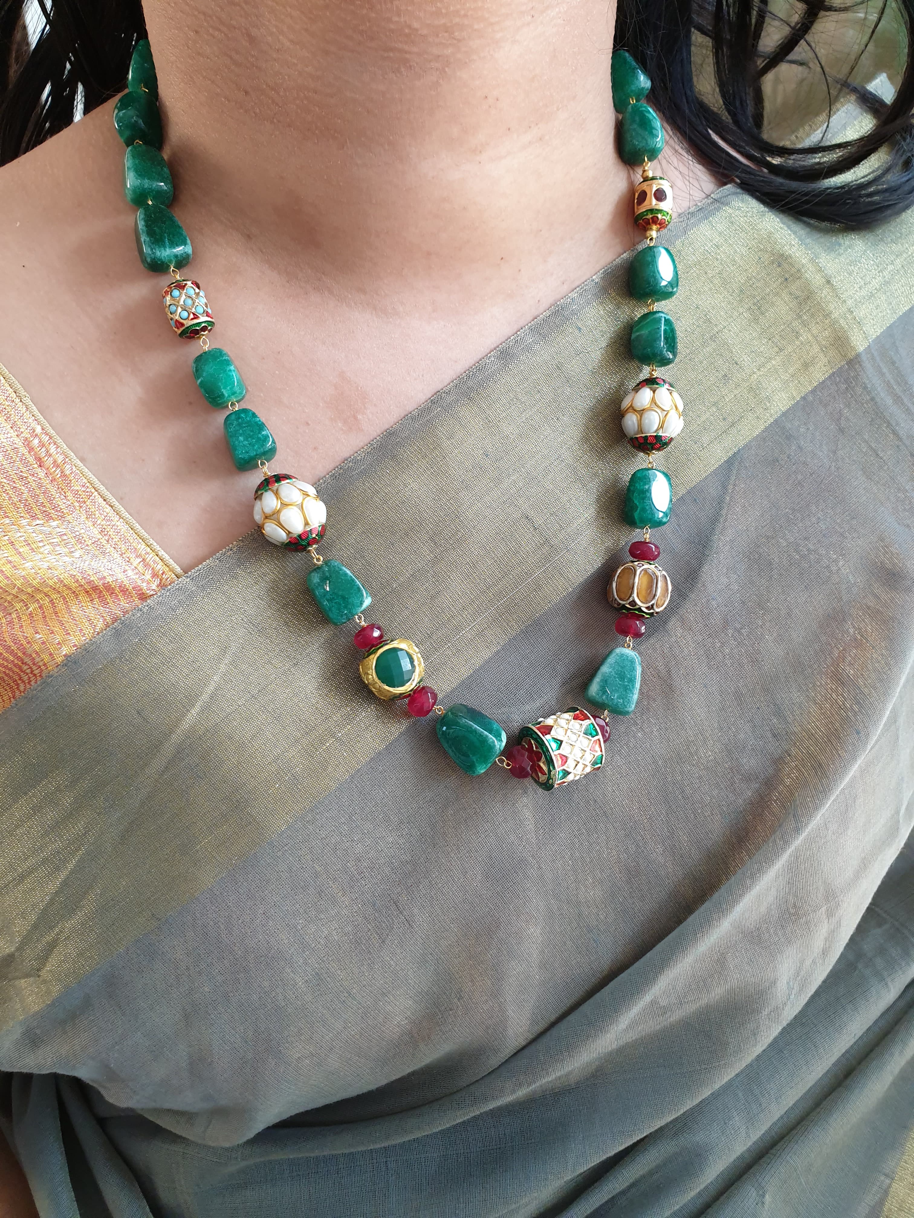 Jadau Beaded Emerald Color Necklace