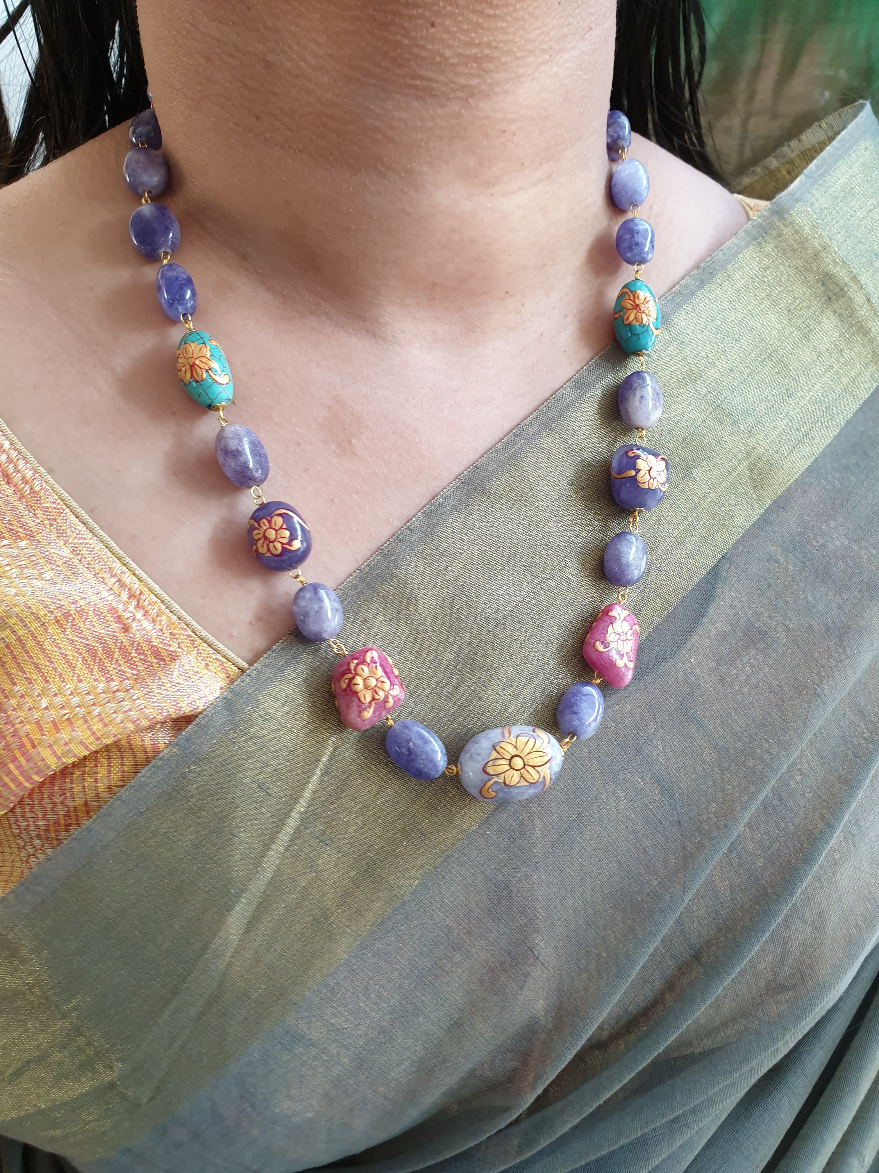 Blue Handpainted Bead Stone Necklace With Earrings