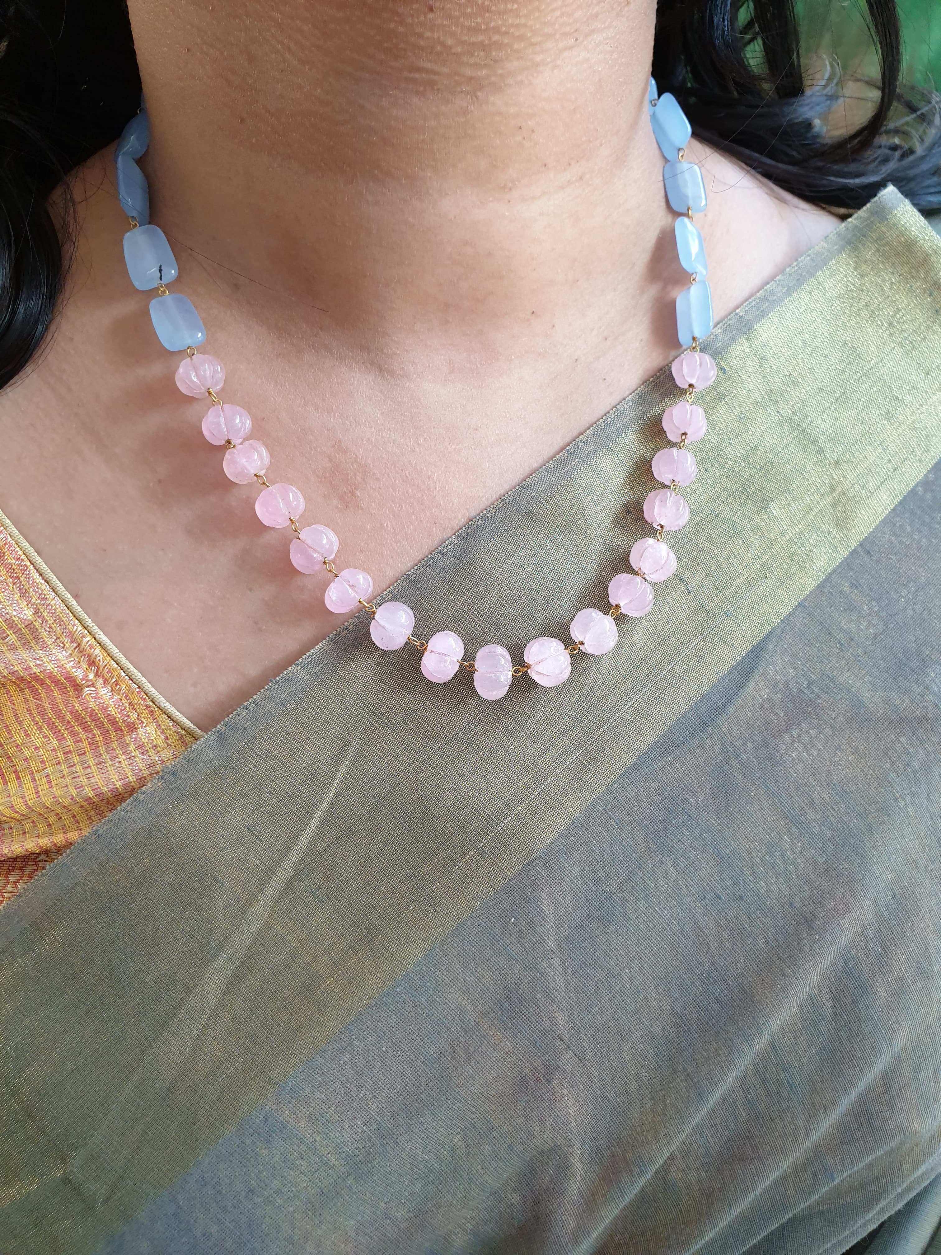 Pink Pumpkin Blue Stone Beaded Necklace