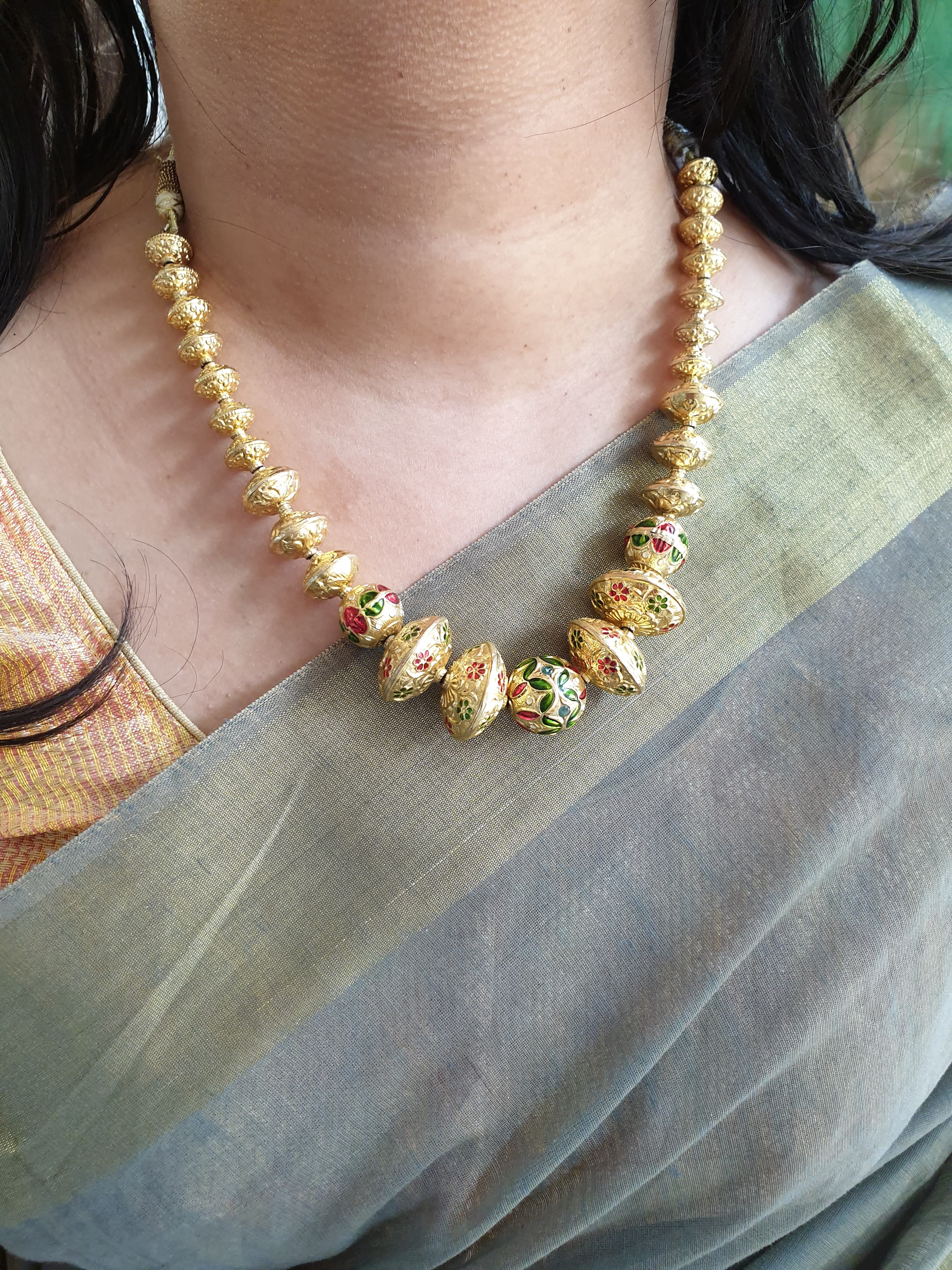 Gold Tone Handcarved Bead Necklace
