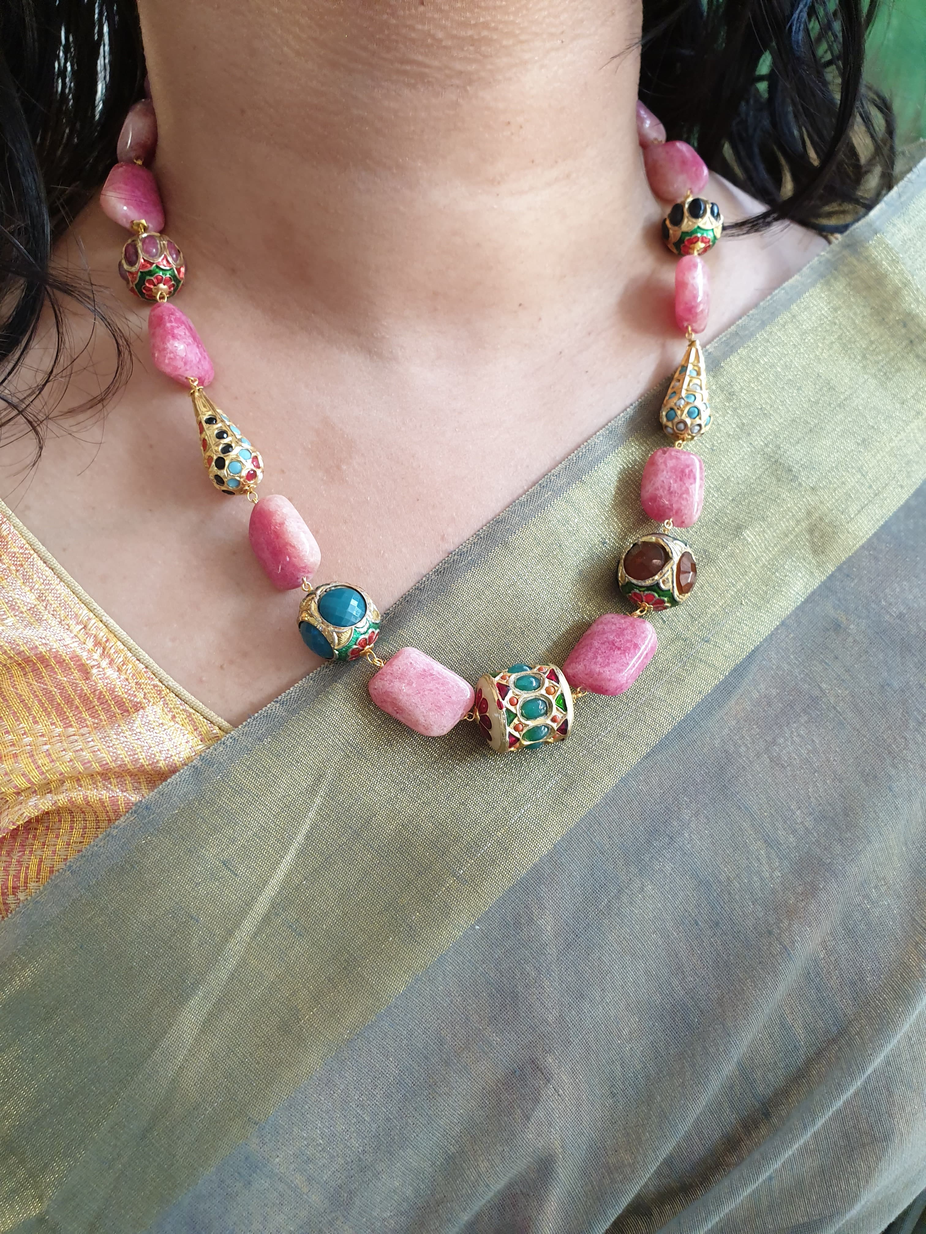 Ruby Stone Jadau Bead Necklace With Earrings