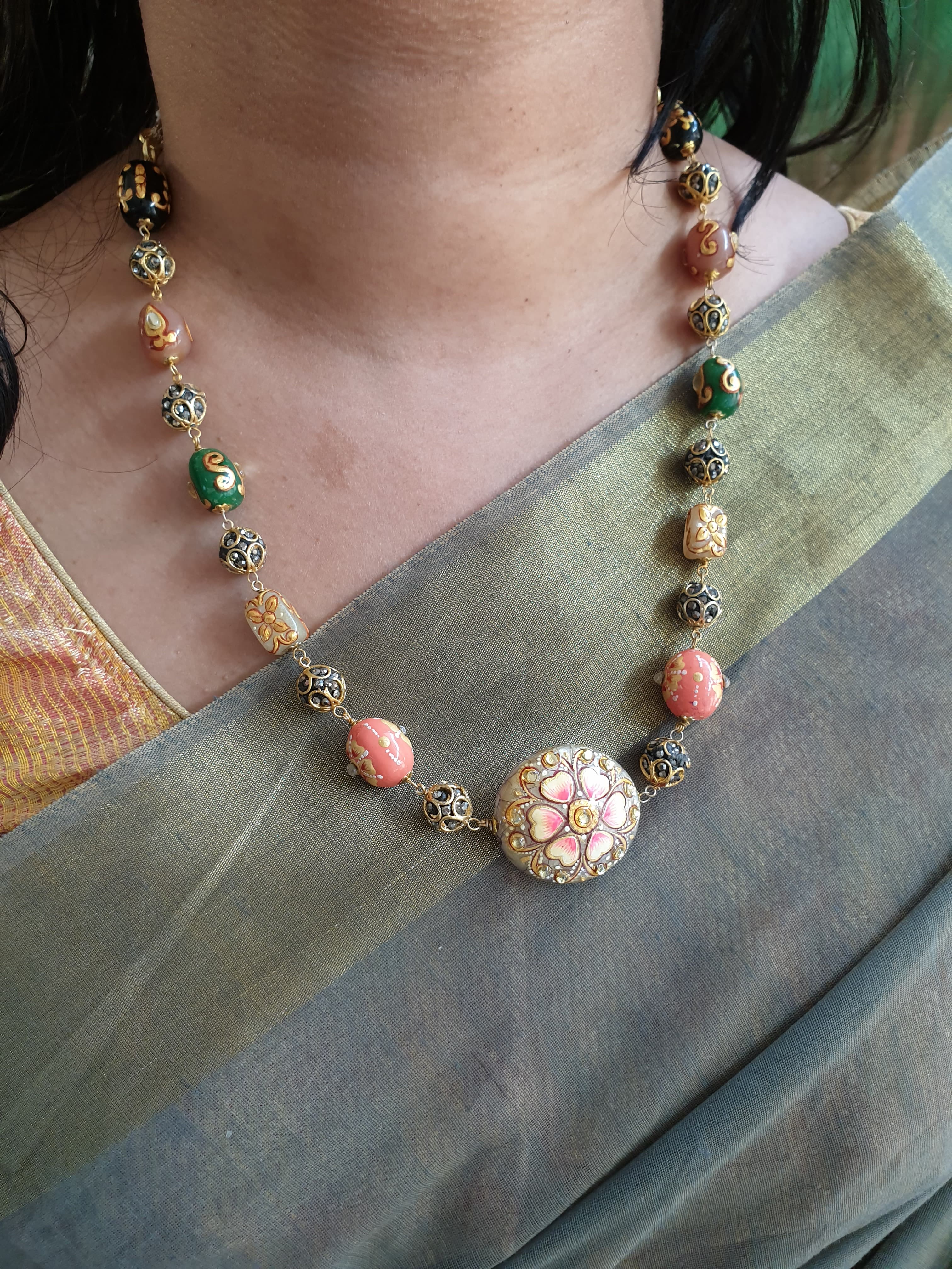 Floral Multicolor Beads Stone Necklace With Earrings