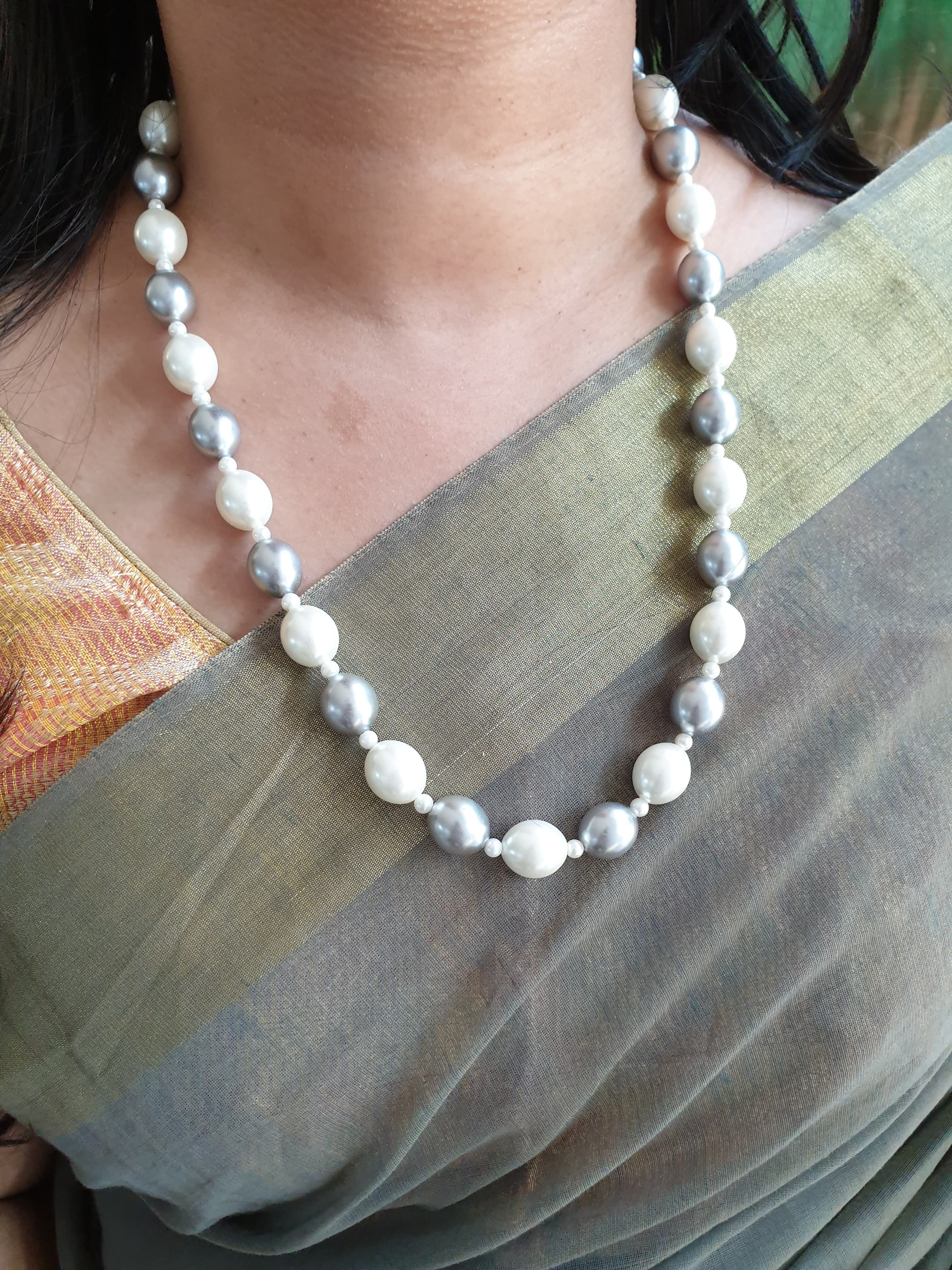 Grey and Off White Shell Pearl Necklace