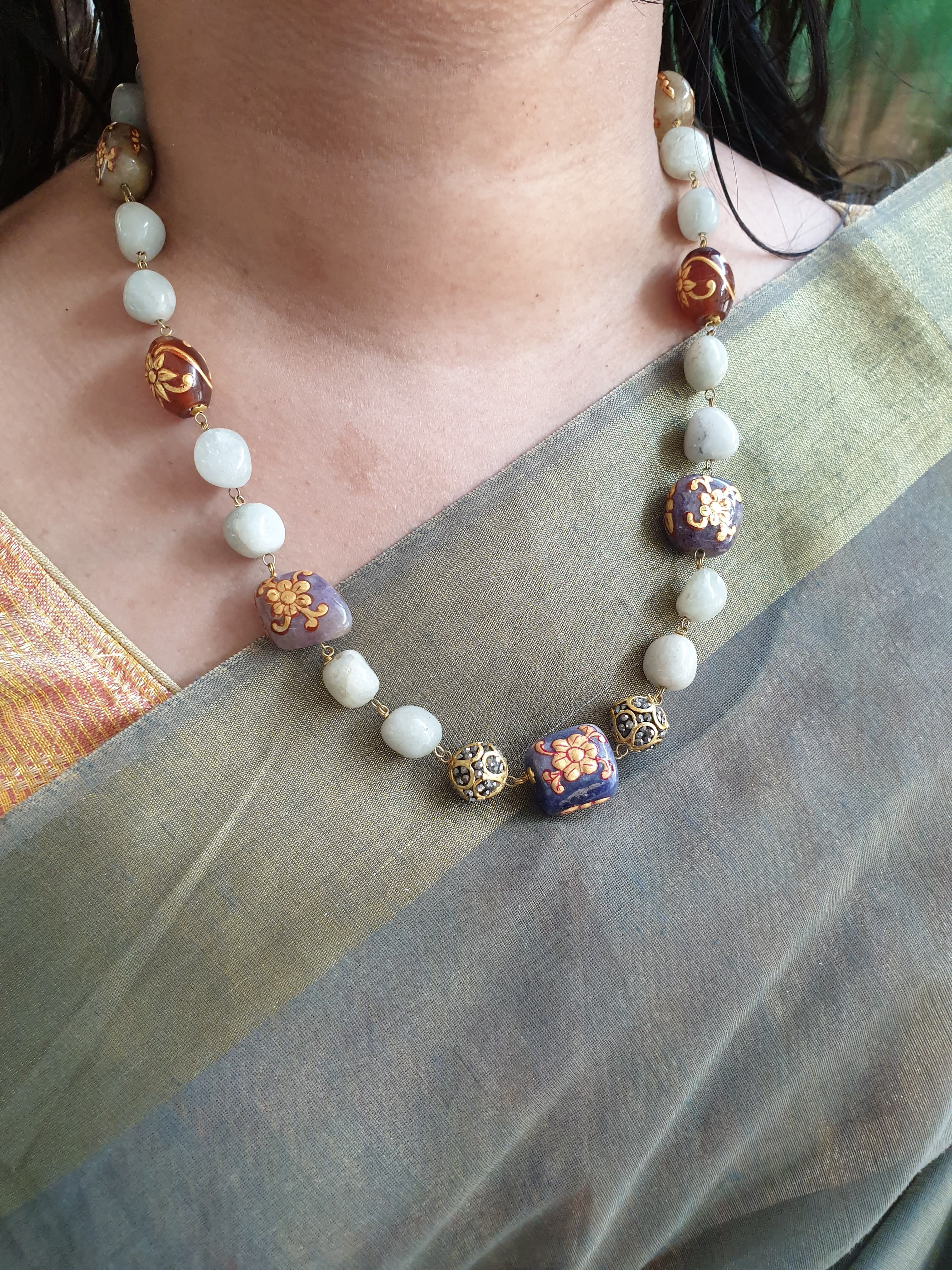 Grey Stone Handpainted Beaded Necklace