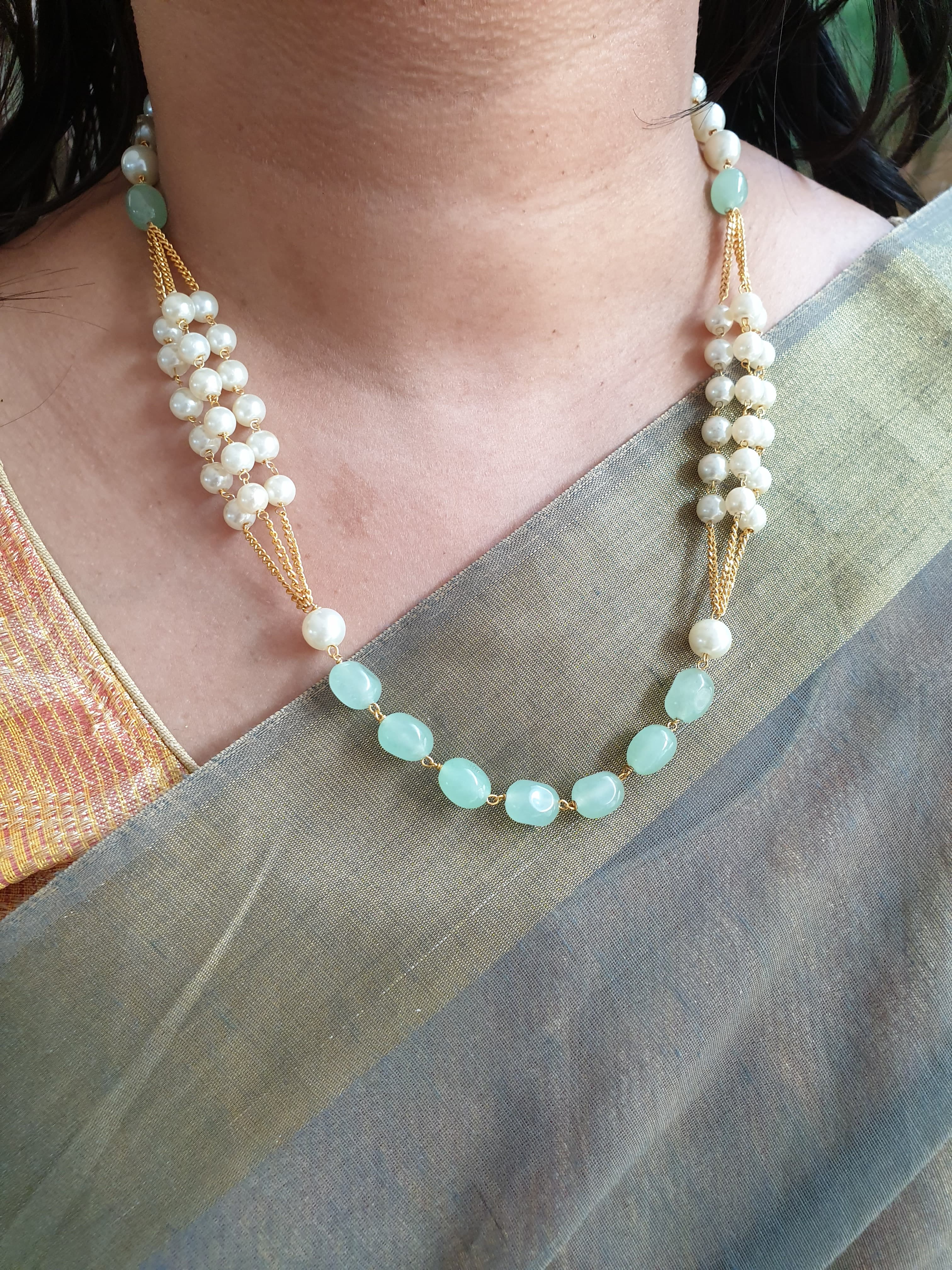 Green and Pearl Beaded Chain Necklace