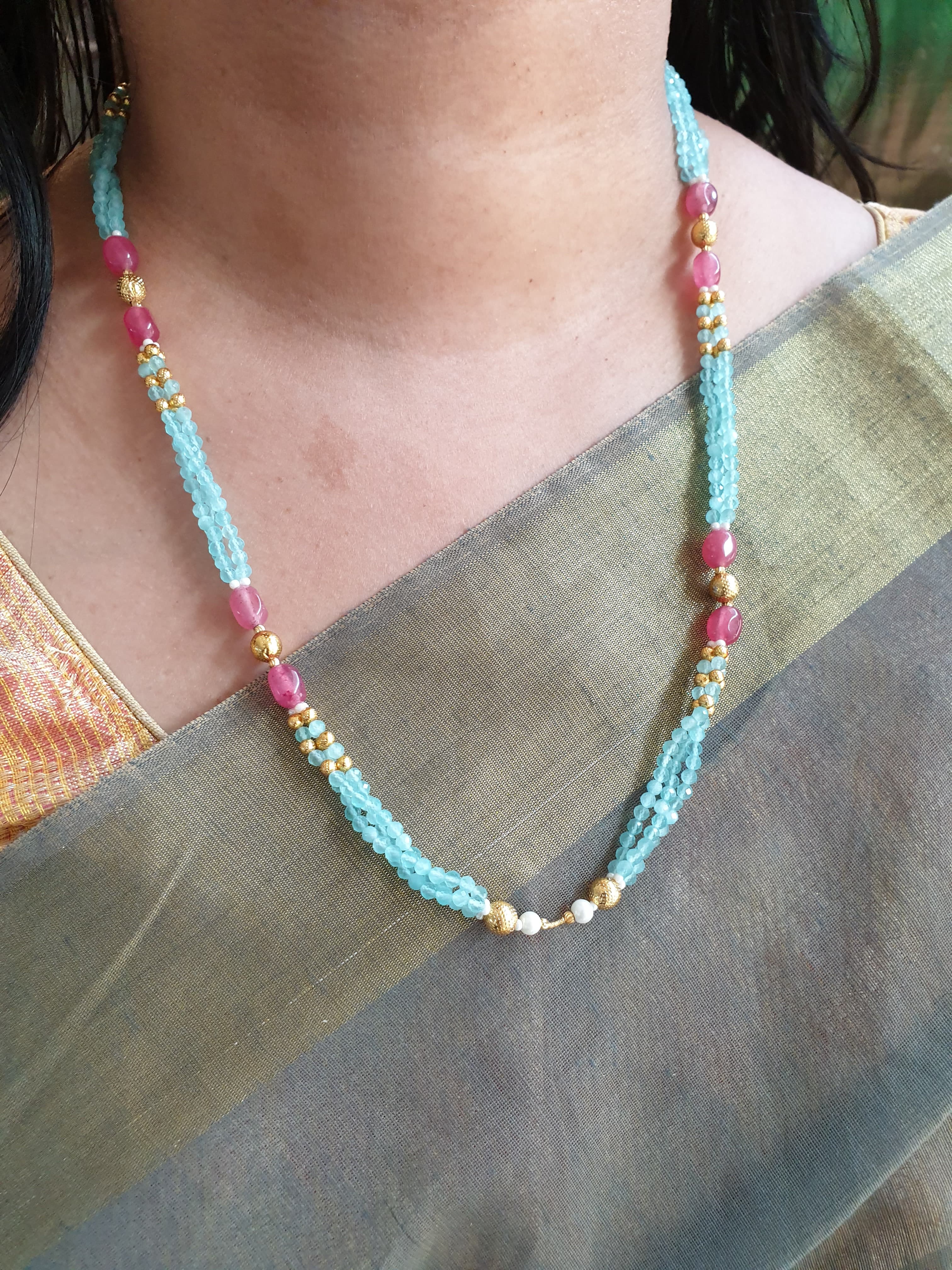 Pink Blue Small Beaded Necklace