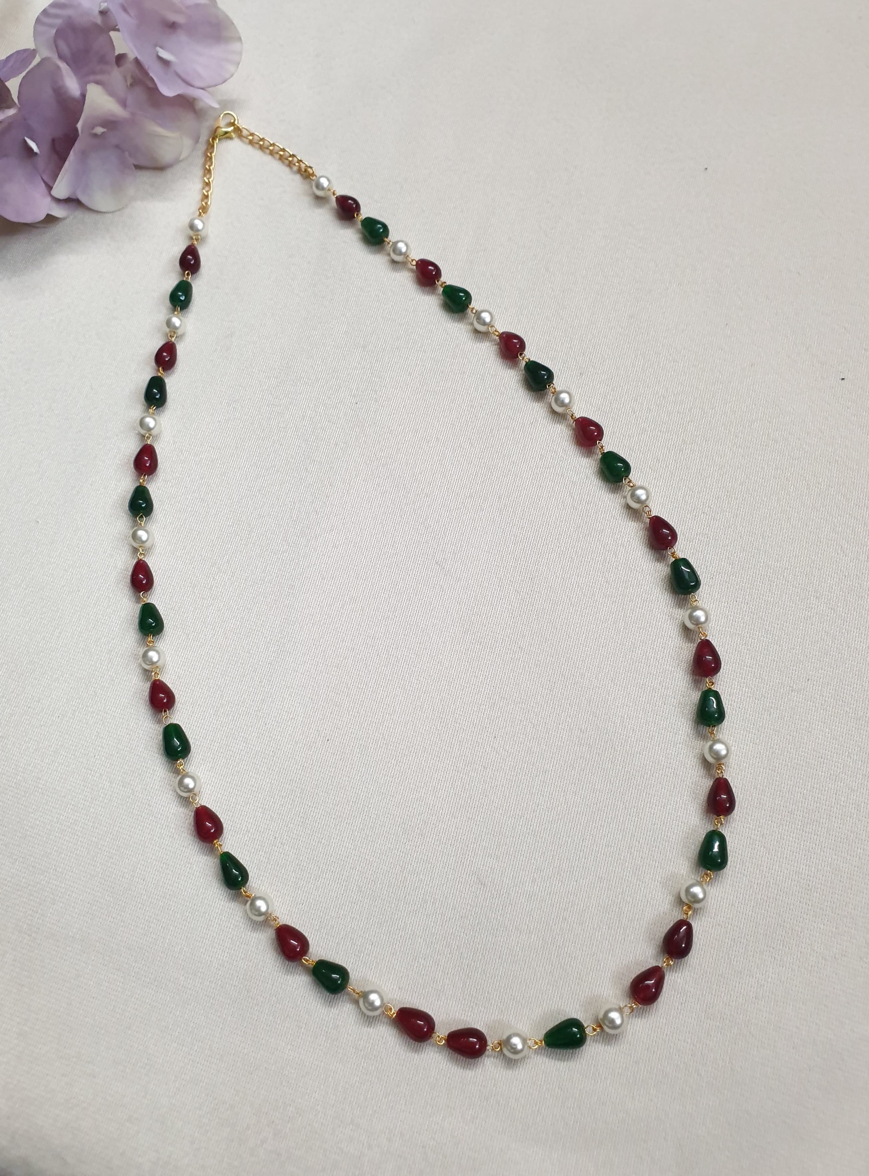 Red Green Drop Pearl Beaded Single Layered Mala