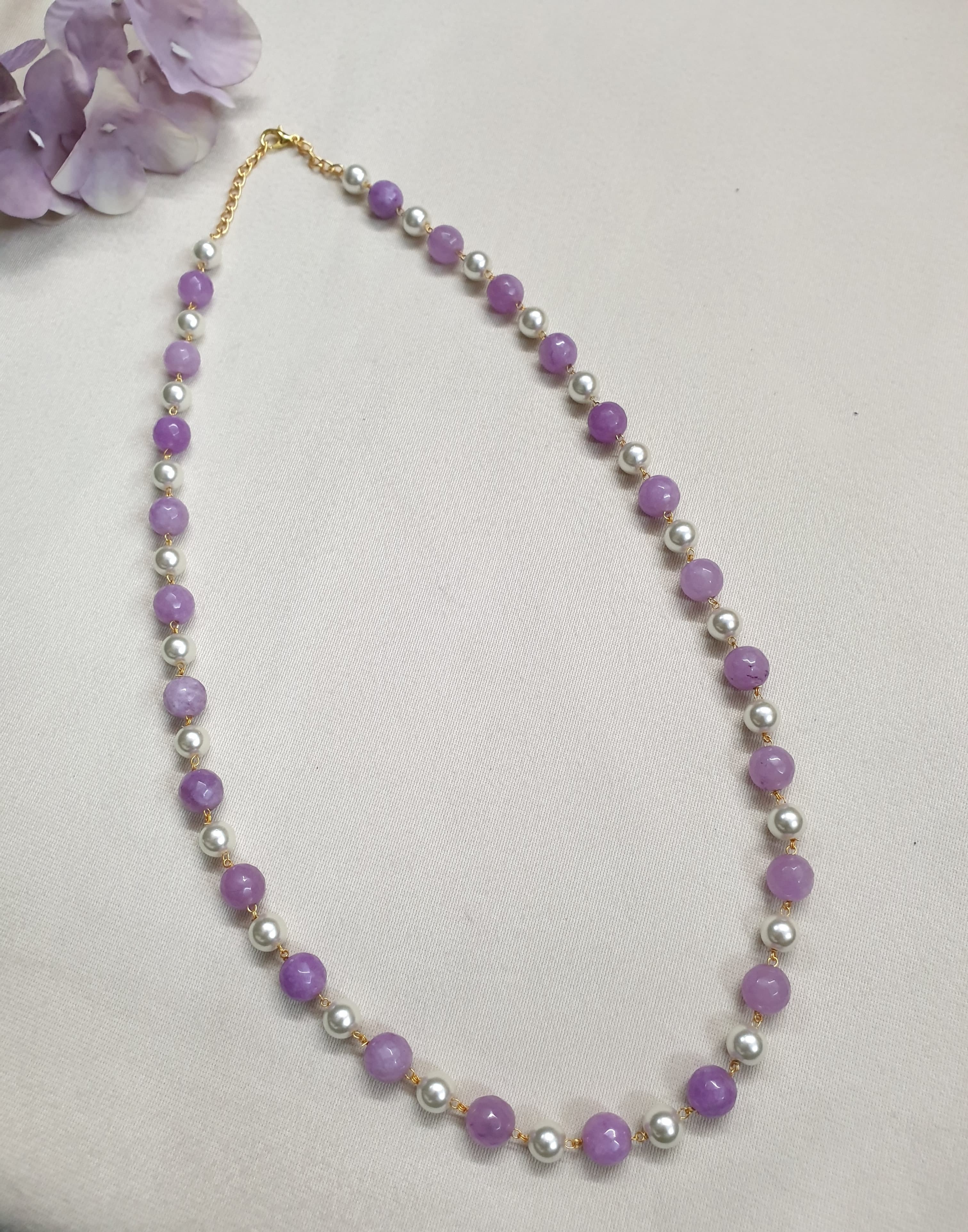 Purple Stone and Pearl Beaded Single Layered Mala