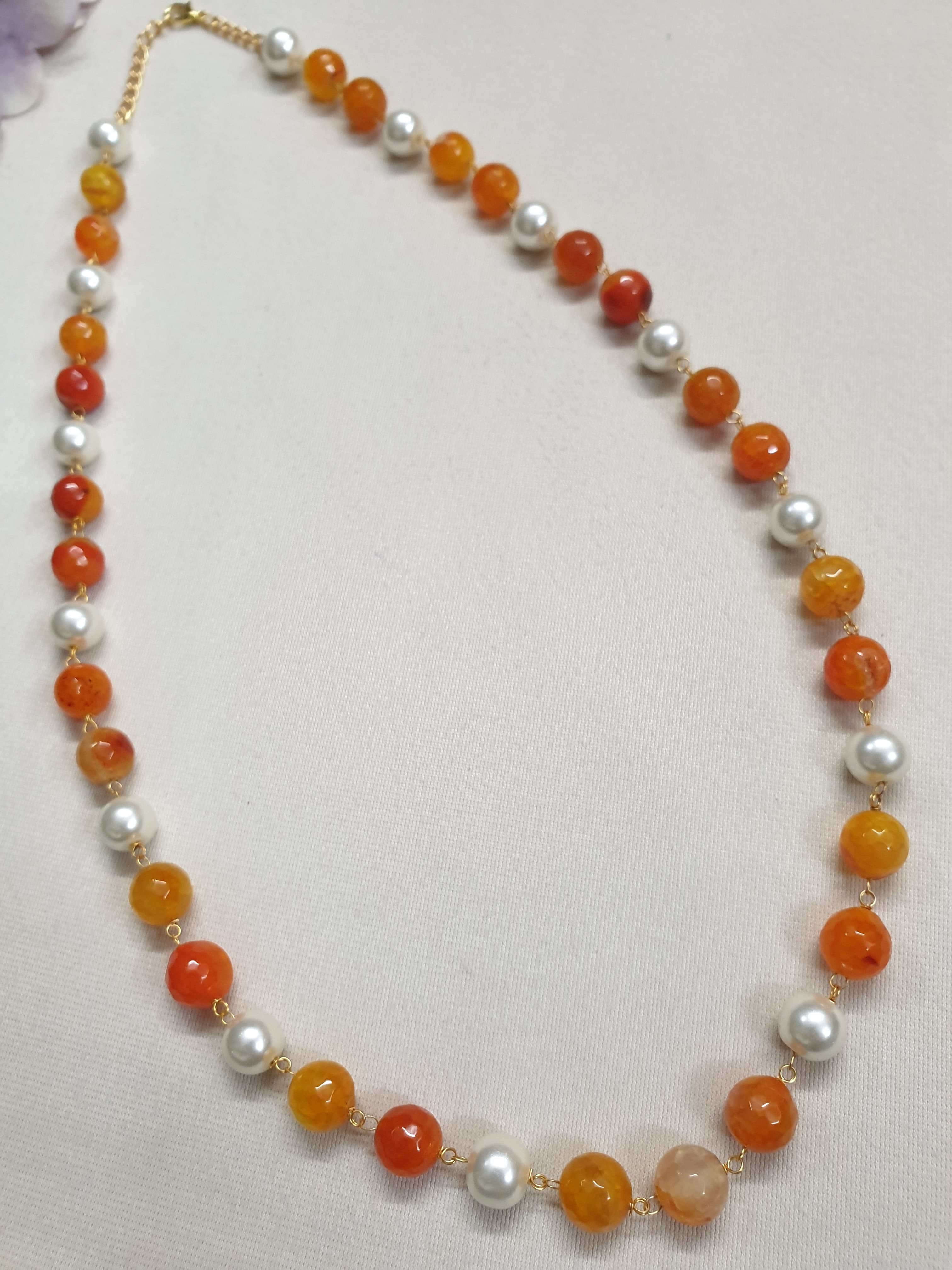 Orange Stone and Pearl Beaded Single Layered Mala