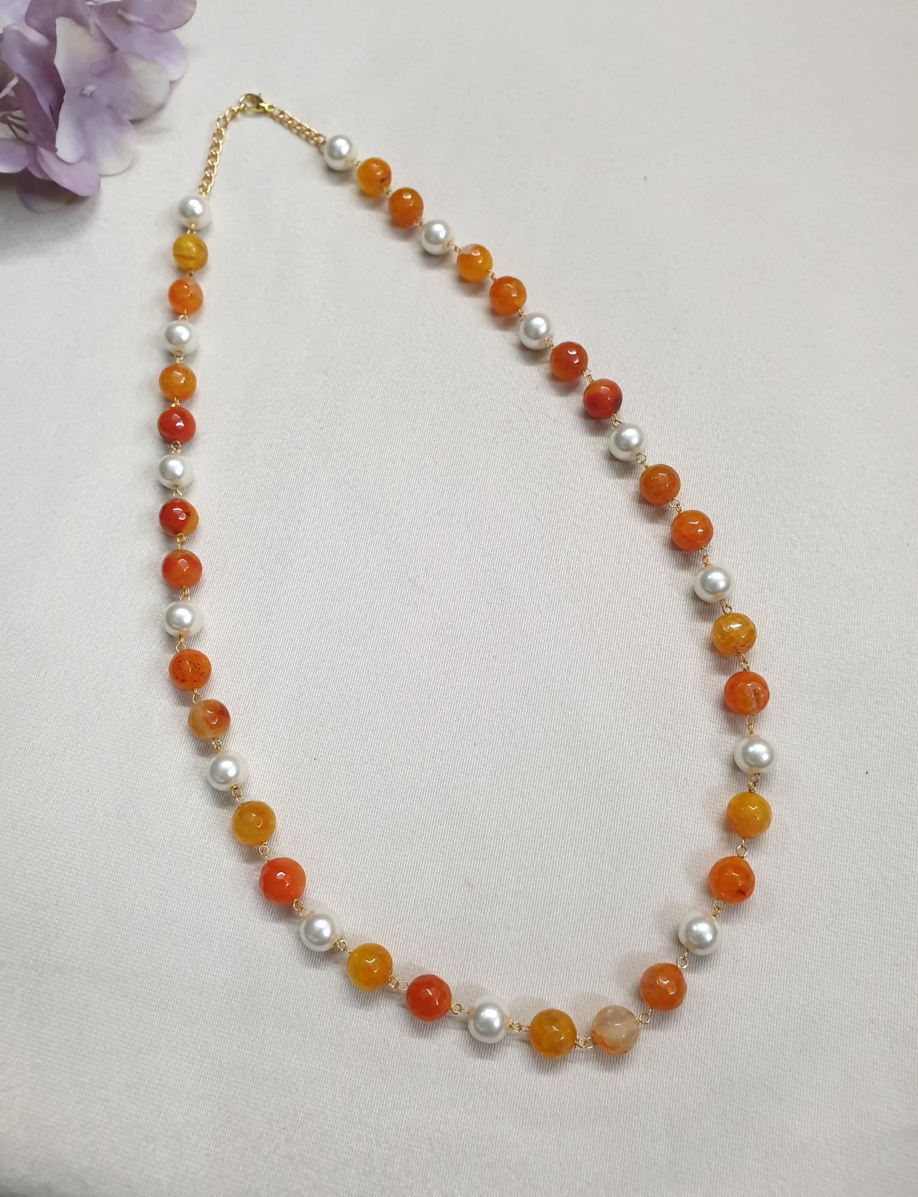 Orange Stone and Pearl Beaded Single Layered Mala