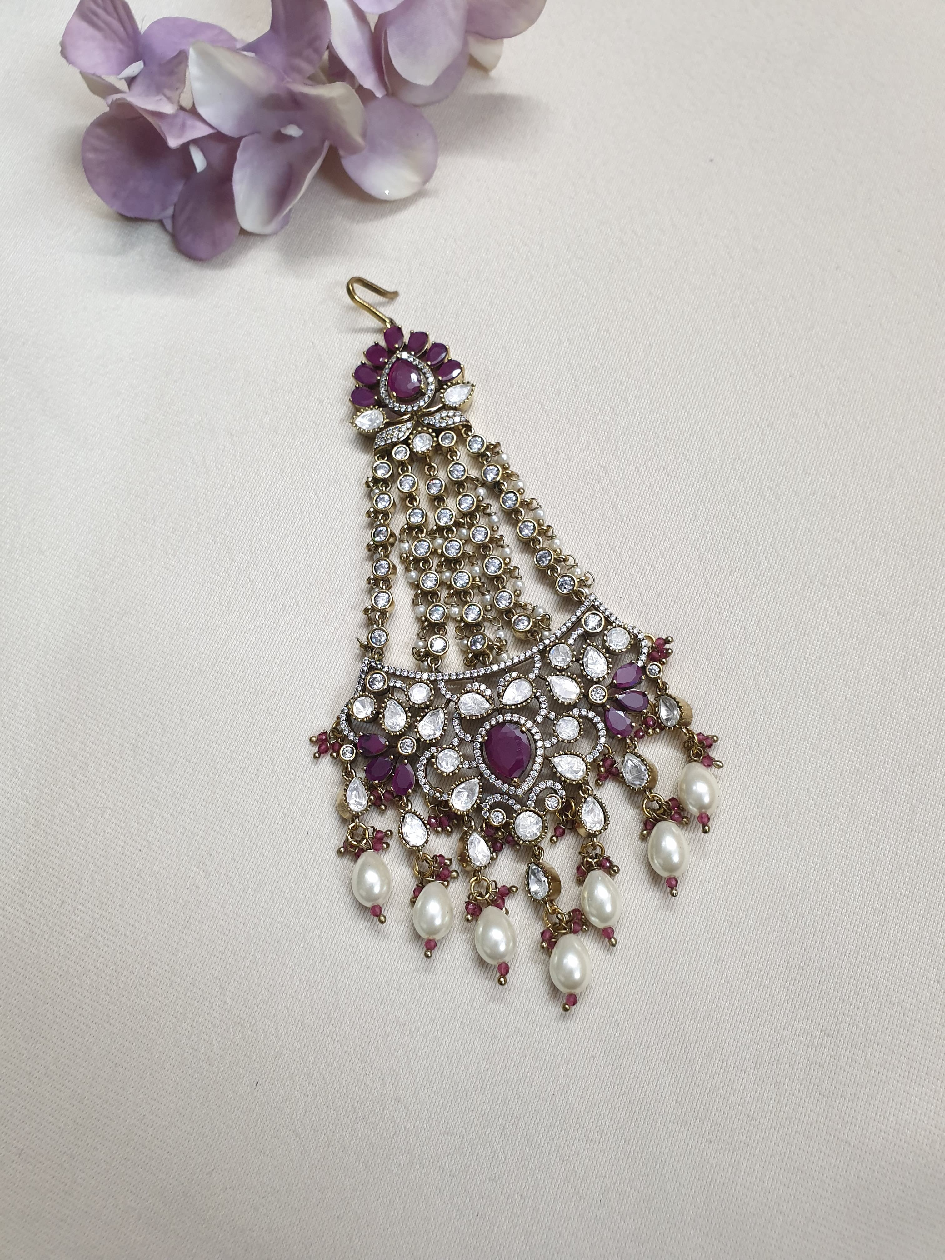 Kundan Polki Bridal Magenta Stone Head Passa