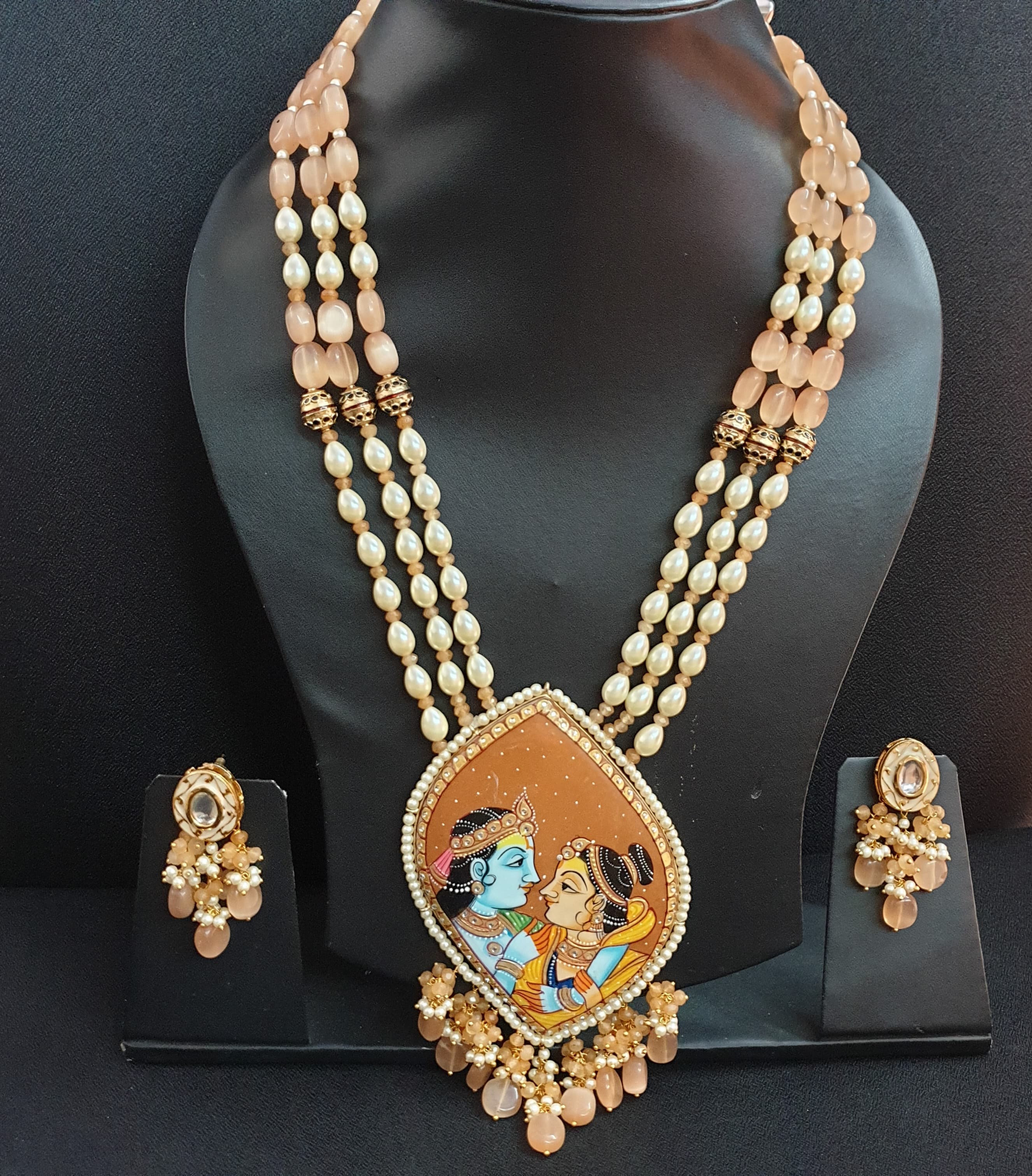 Peach Stone Multi Layer Handpainted Radha Krishna Pendant Set