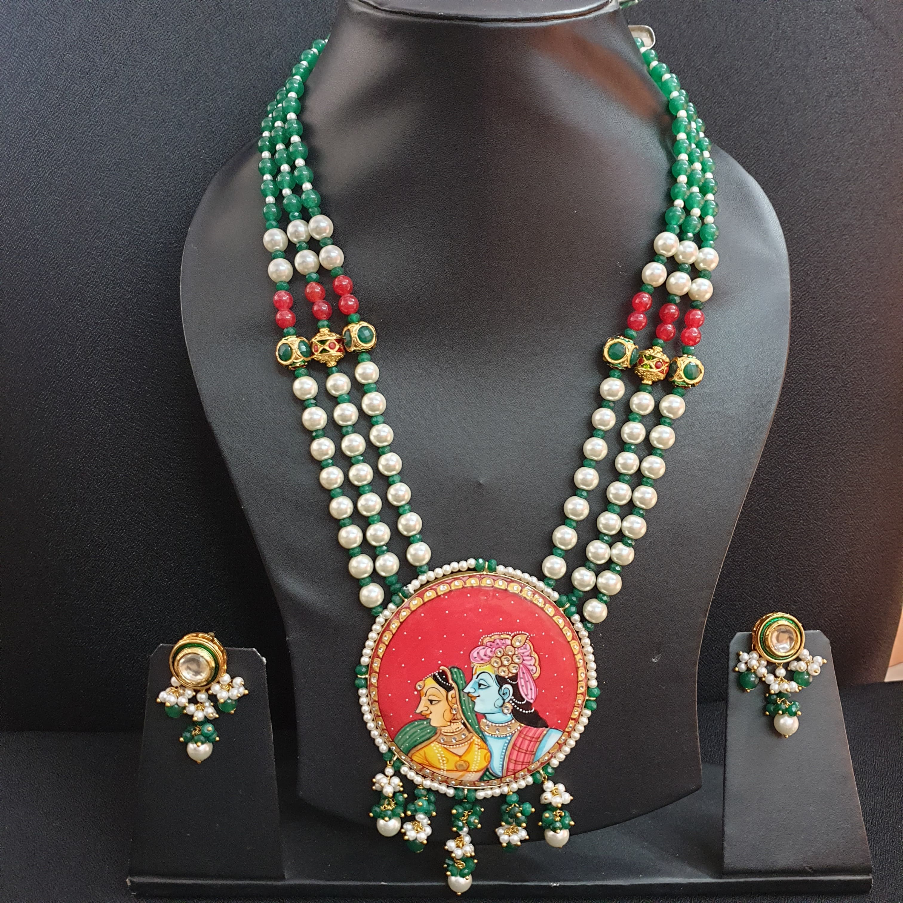 Green Stone Multi Pearl Layer Handpainted Radha Krishna Pendant Set