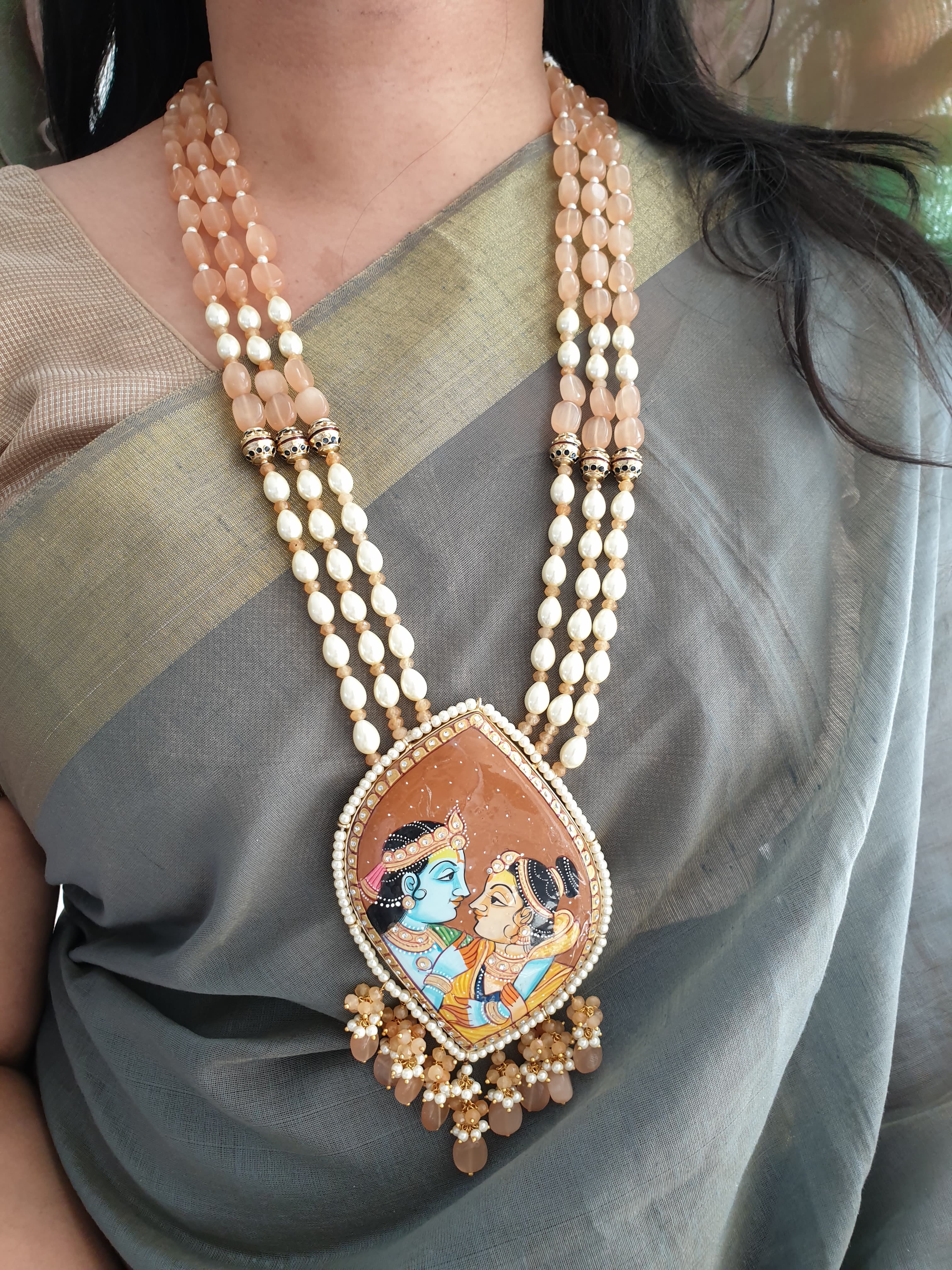 Peach Stone Multi Layer Handpainted Radha Krishna Pendant Set