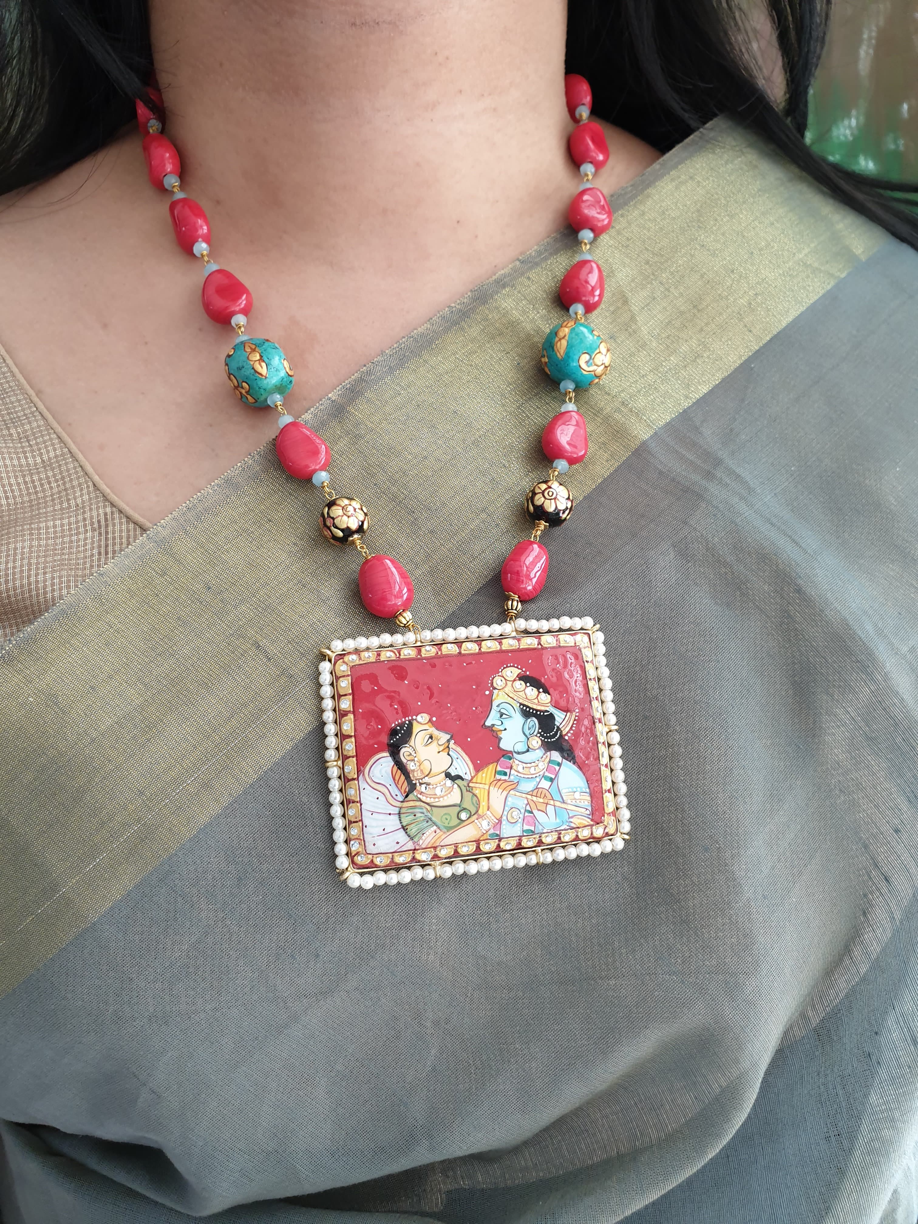 Red Stone Single Layer Handpainted Radha Krishna Pendant Set