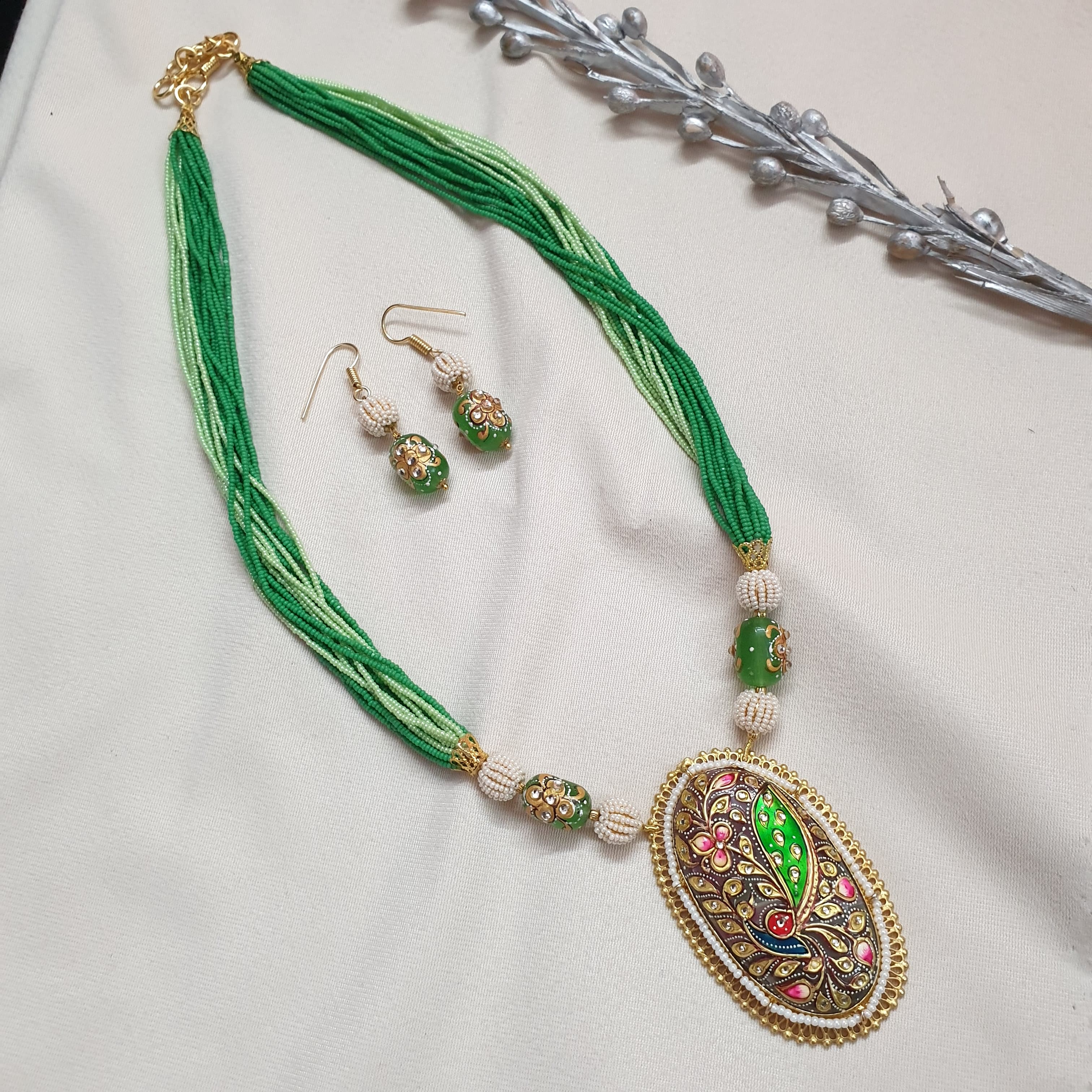 Green Seed Beaded Tanjore Work Pendant Set With Earrings