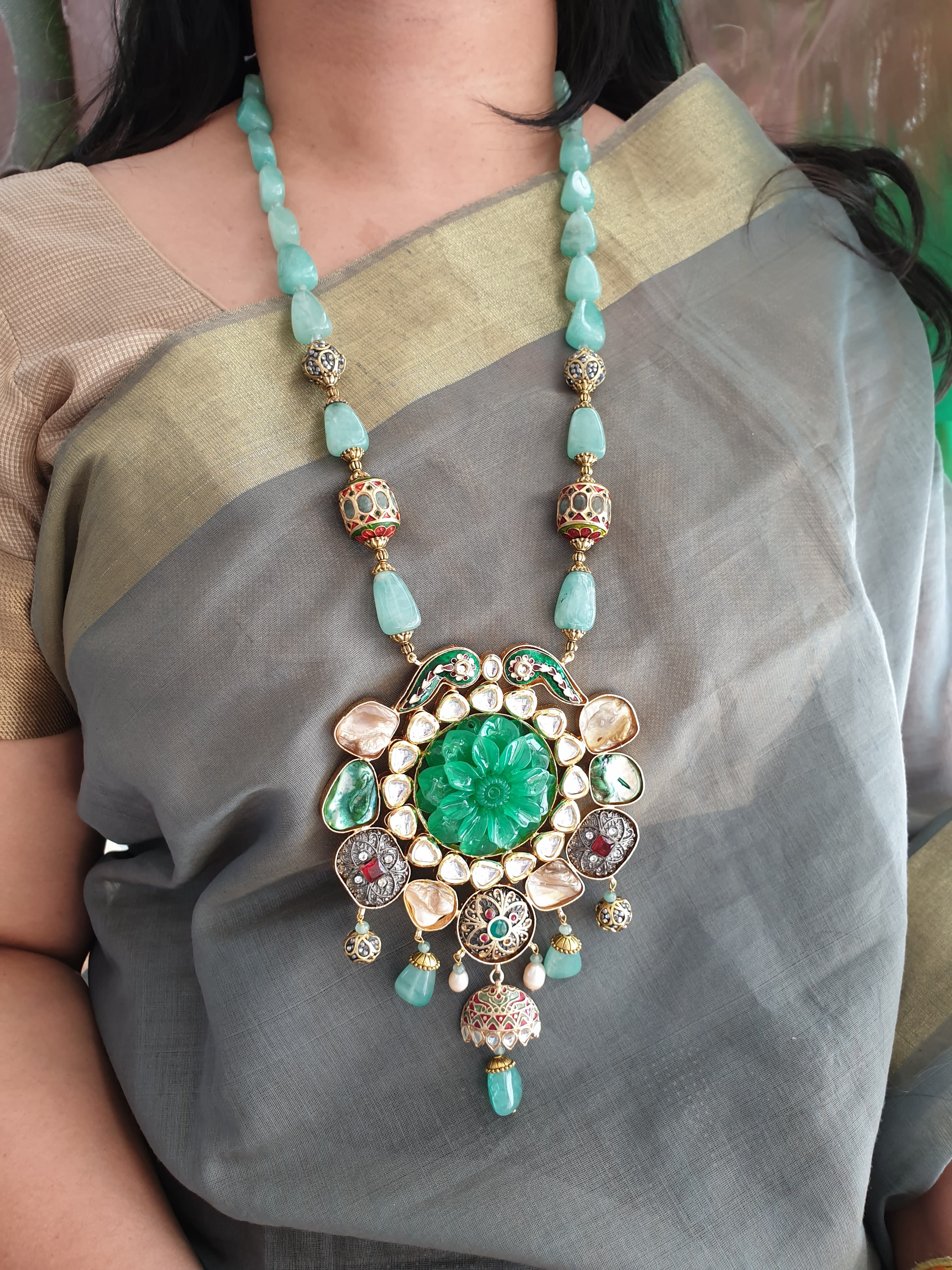 Floral Green Stone Fusion Meenakari Pendant With Earrings