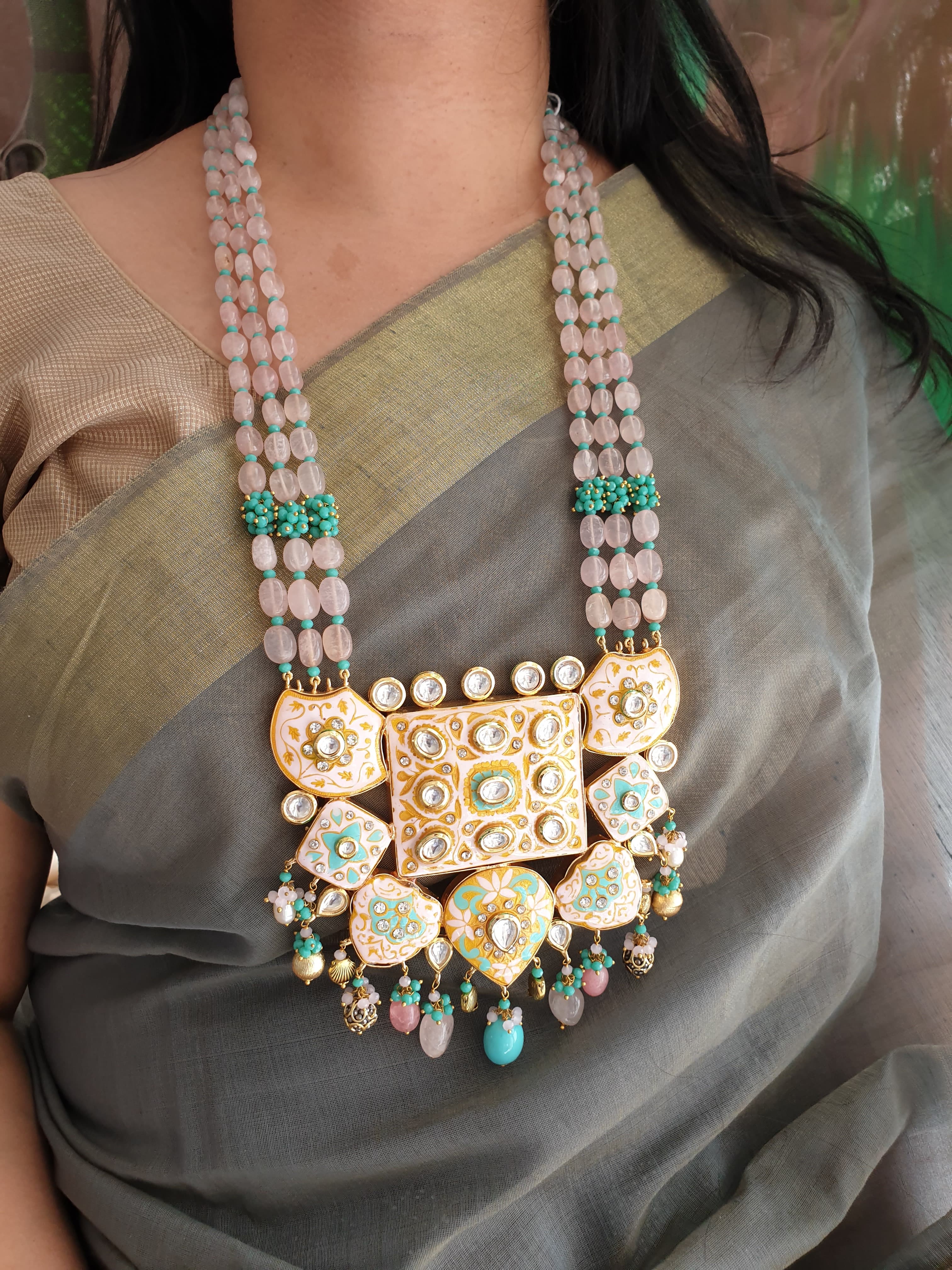 Baby Pink Fusion Kundan Meenakari Pendant Set With Earrings