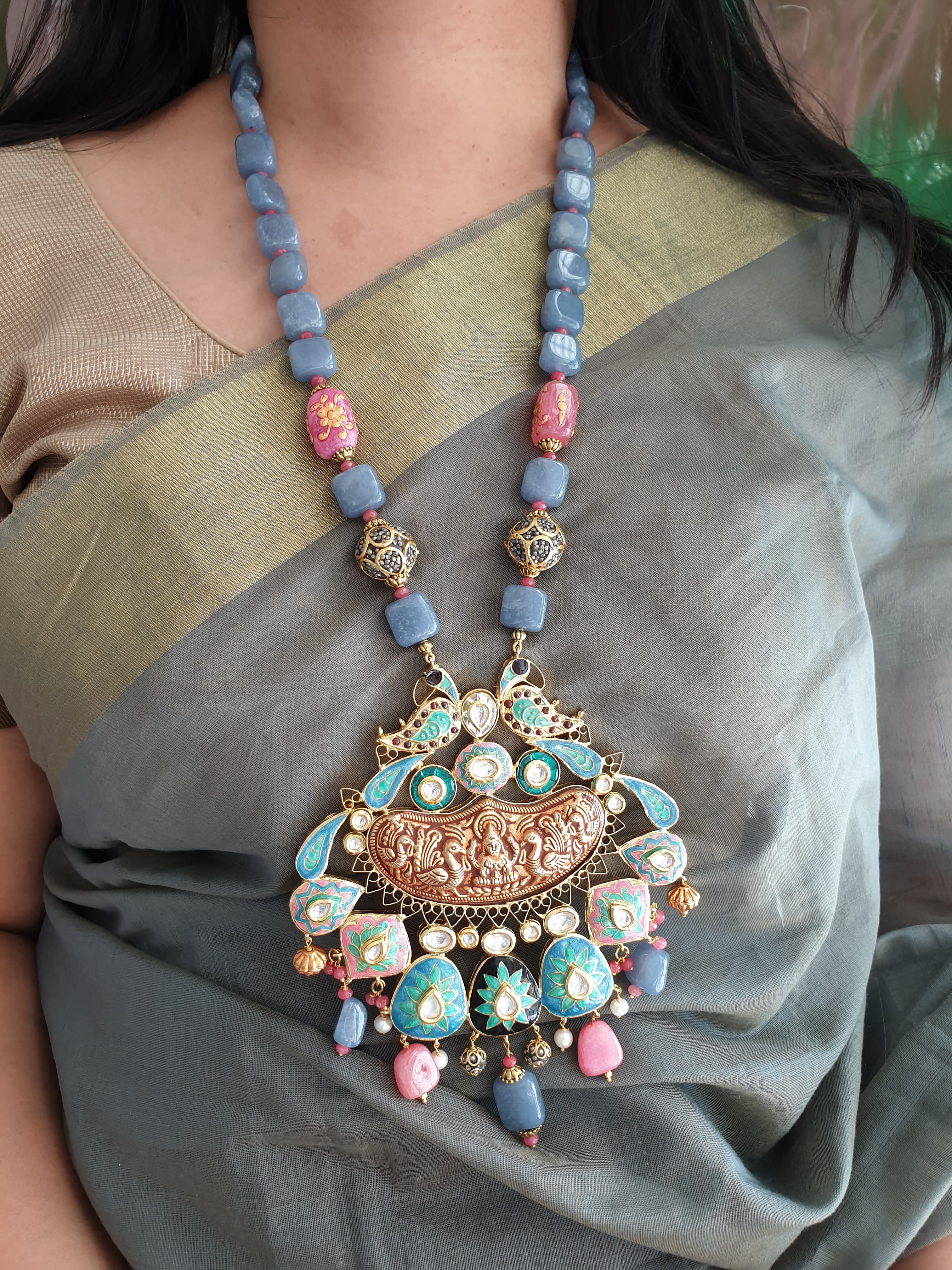Blue Stone Fusion Meenakari Pendant Set With Earrings