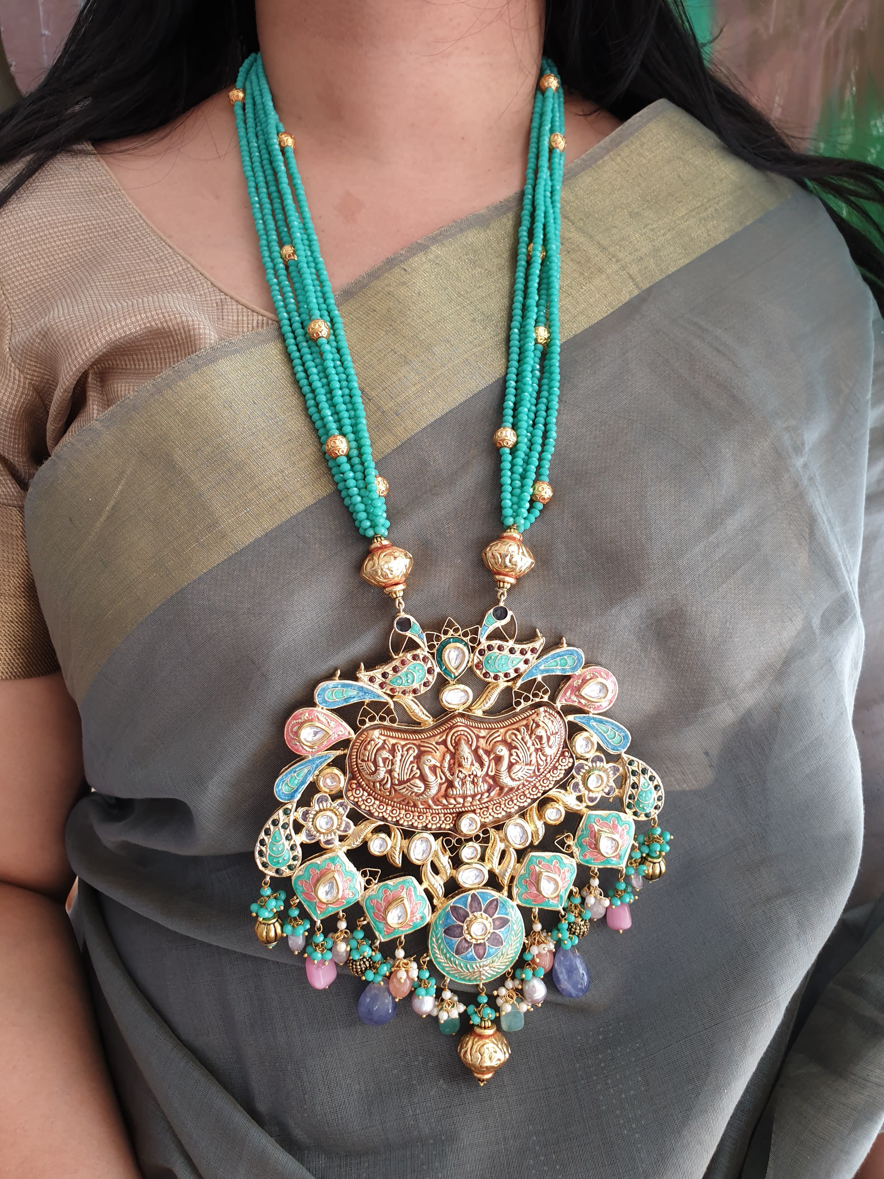 Fusion Meenakari Kundan Beaded Pendant Set With Earrings