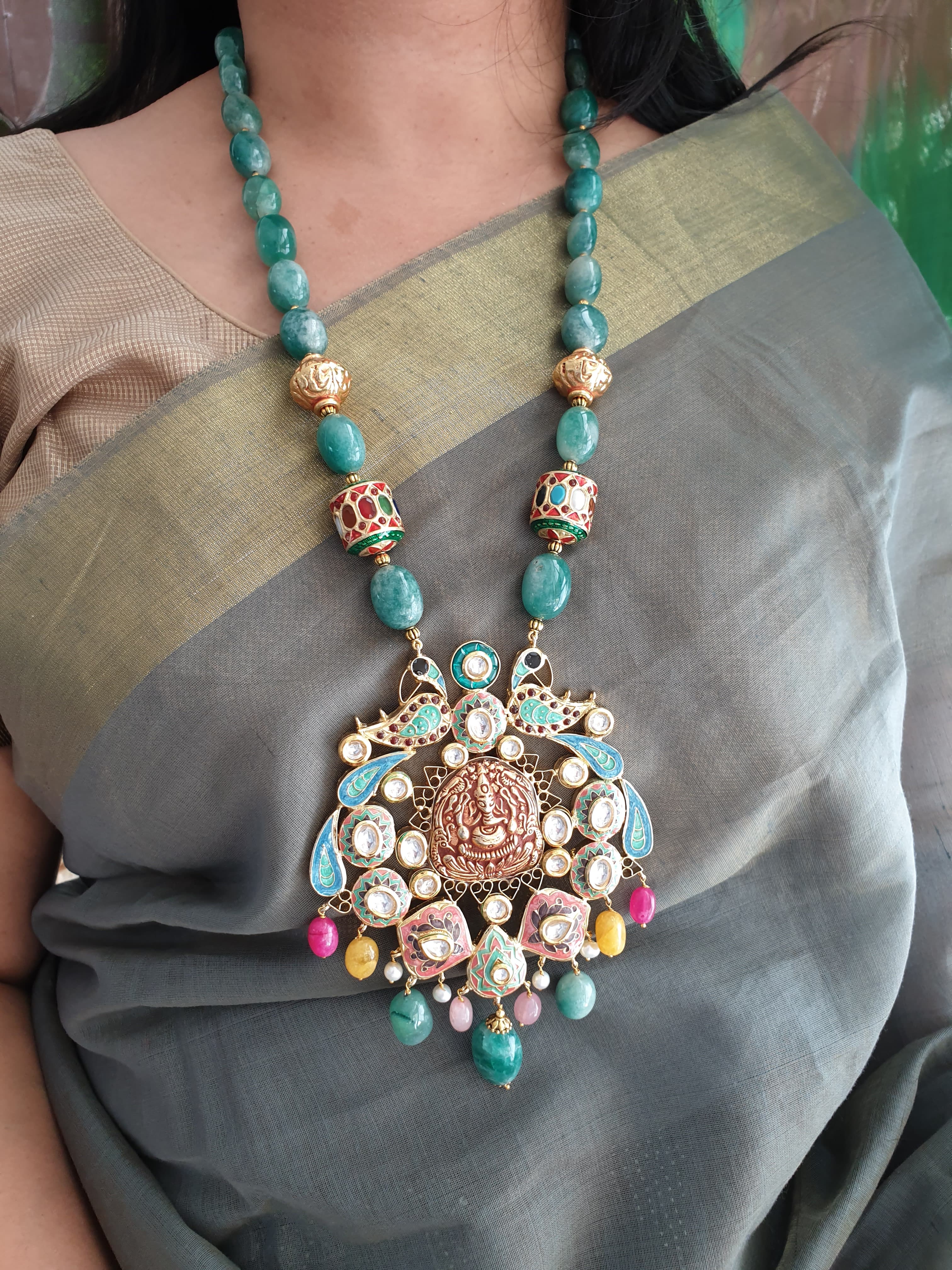 Emerald Green Stone Fusion Meenakari Pendant Set With Earrings