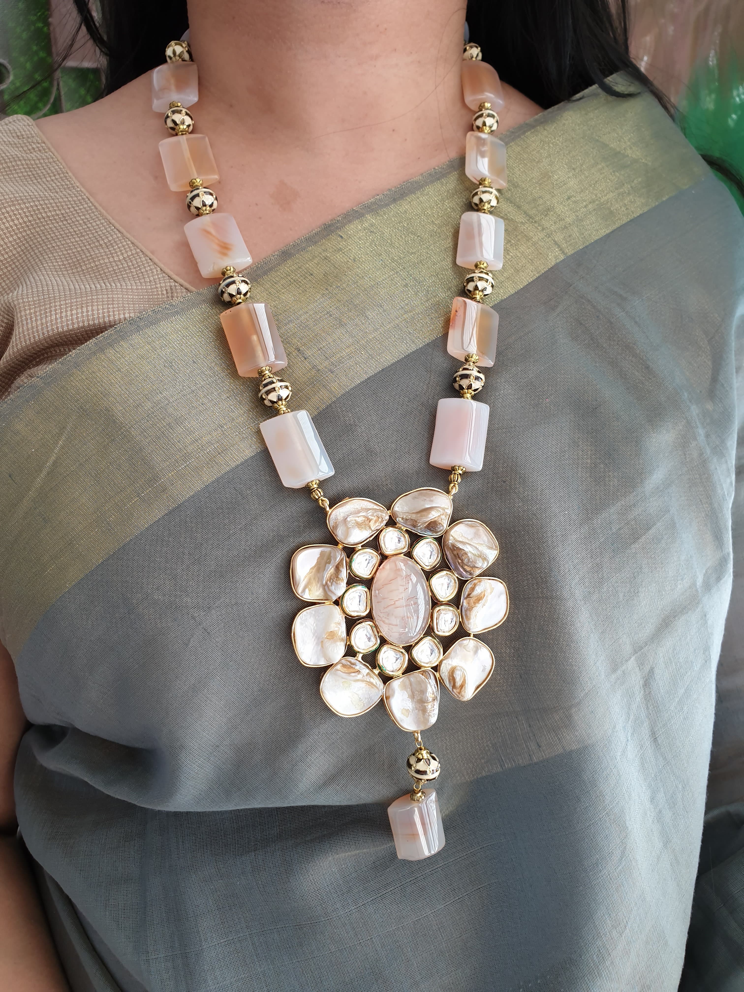 Floral Fusion Mother of Pearl Stone Pendant With Jhumki Earrings