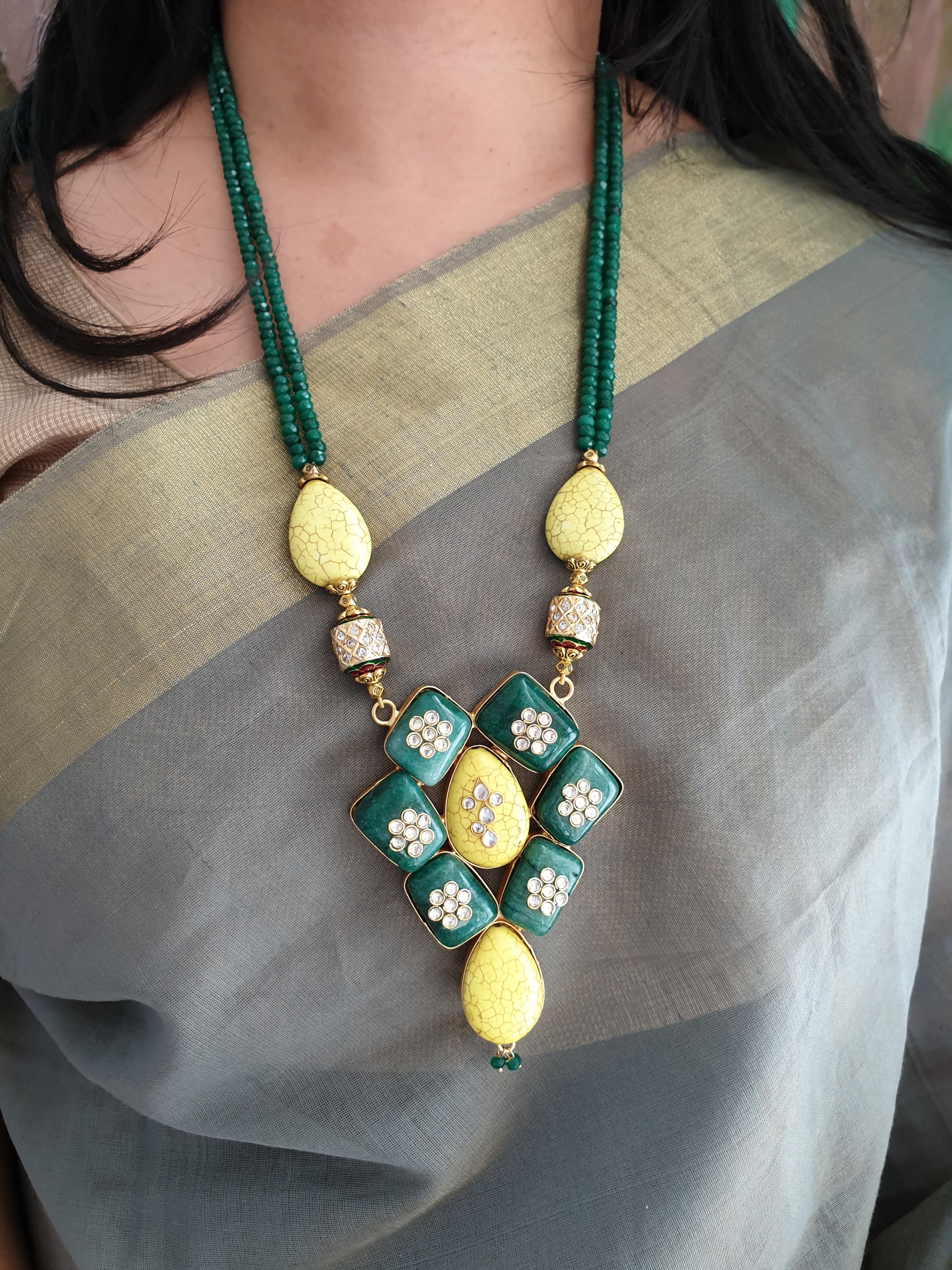 Green Yellow Beads Stone Fusion Pendant With Earrings