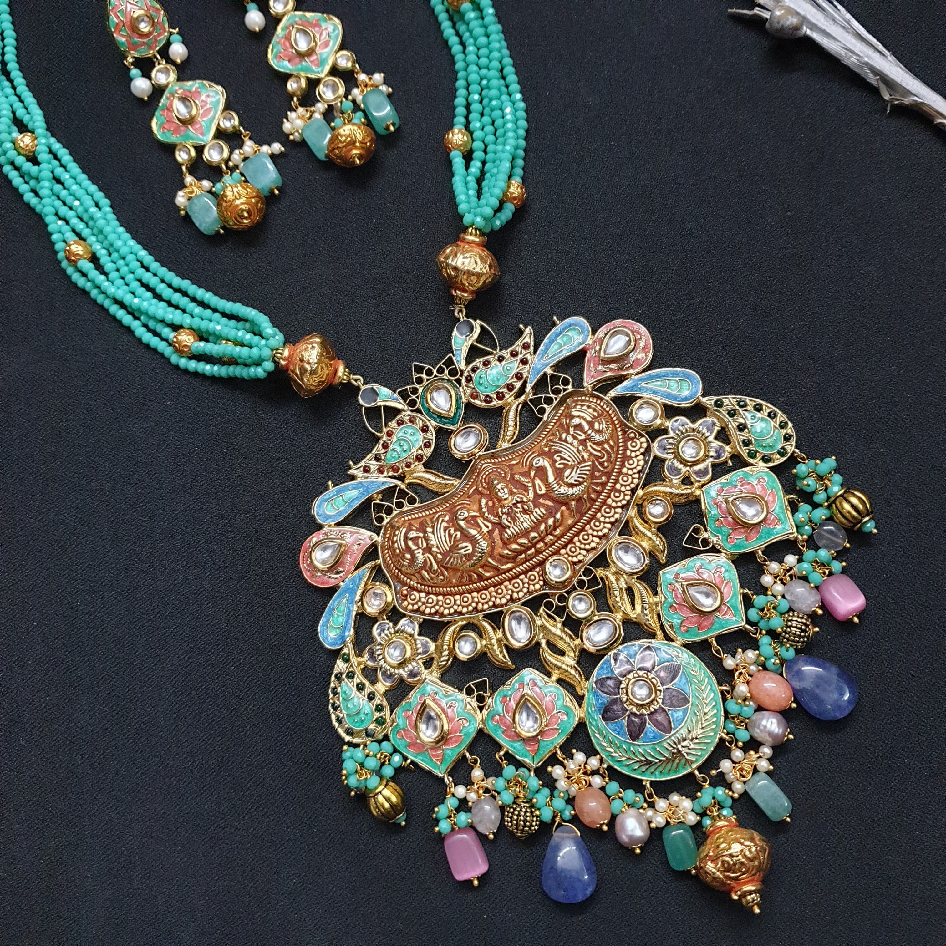 Fusion Meenakari Kundan Beaded Pendant Set With Earrings
