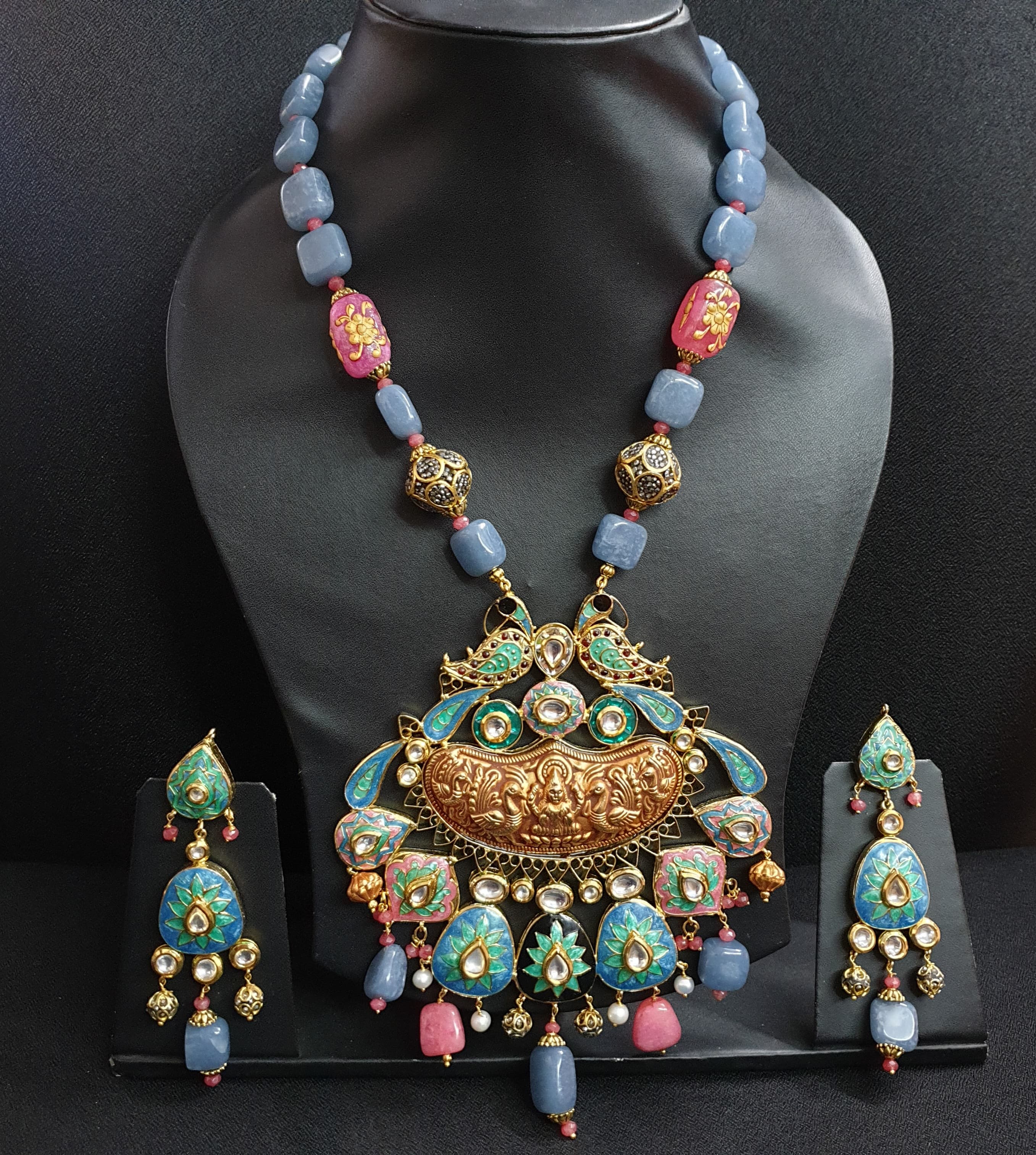 Blue Stone Fusion Meenakari Pendant Set With Earrings