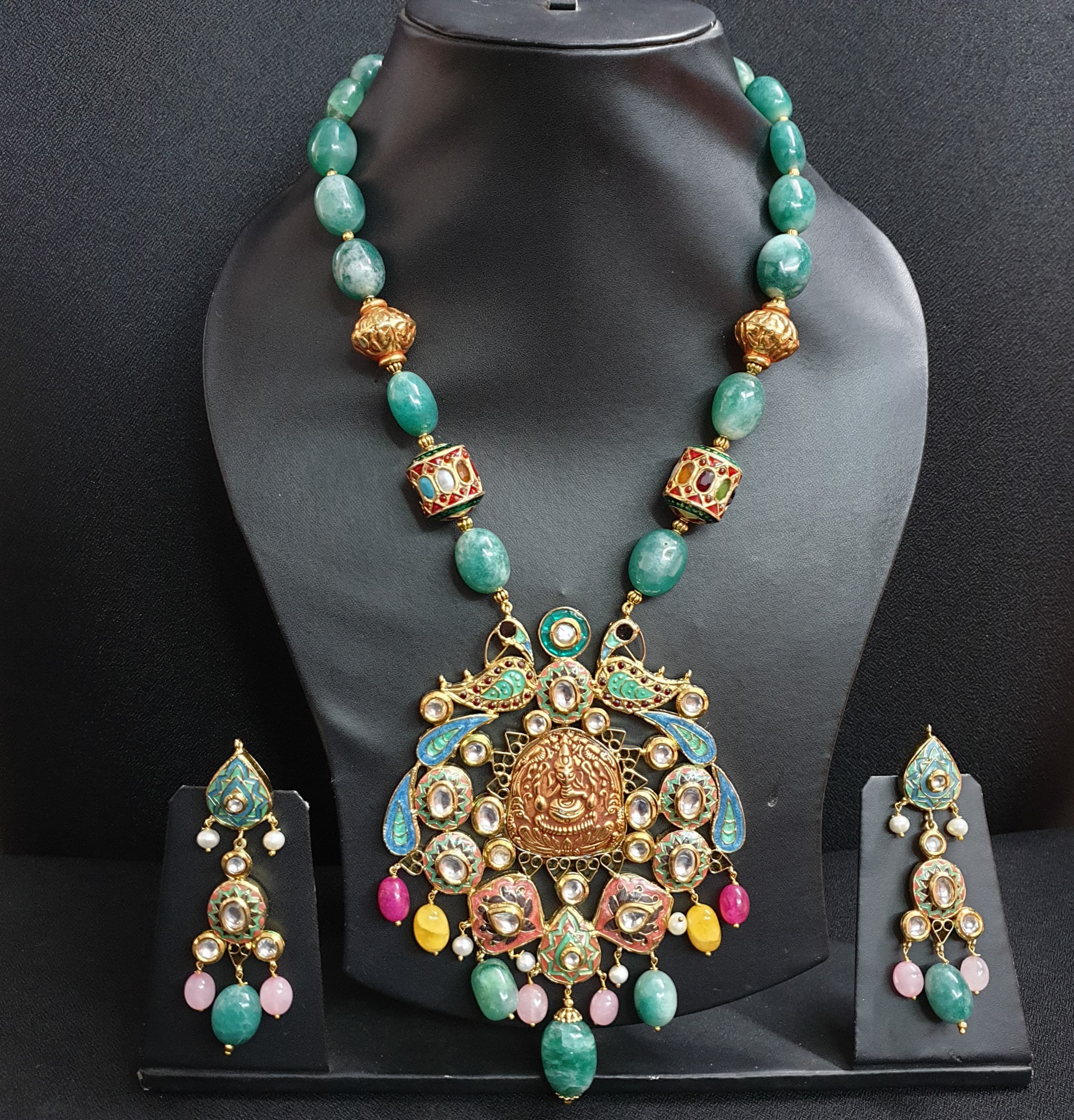 Emerald Green Stone Fusion Meenakari Pendant Set With Earrings