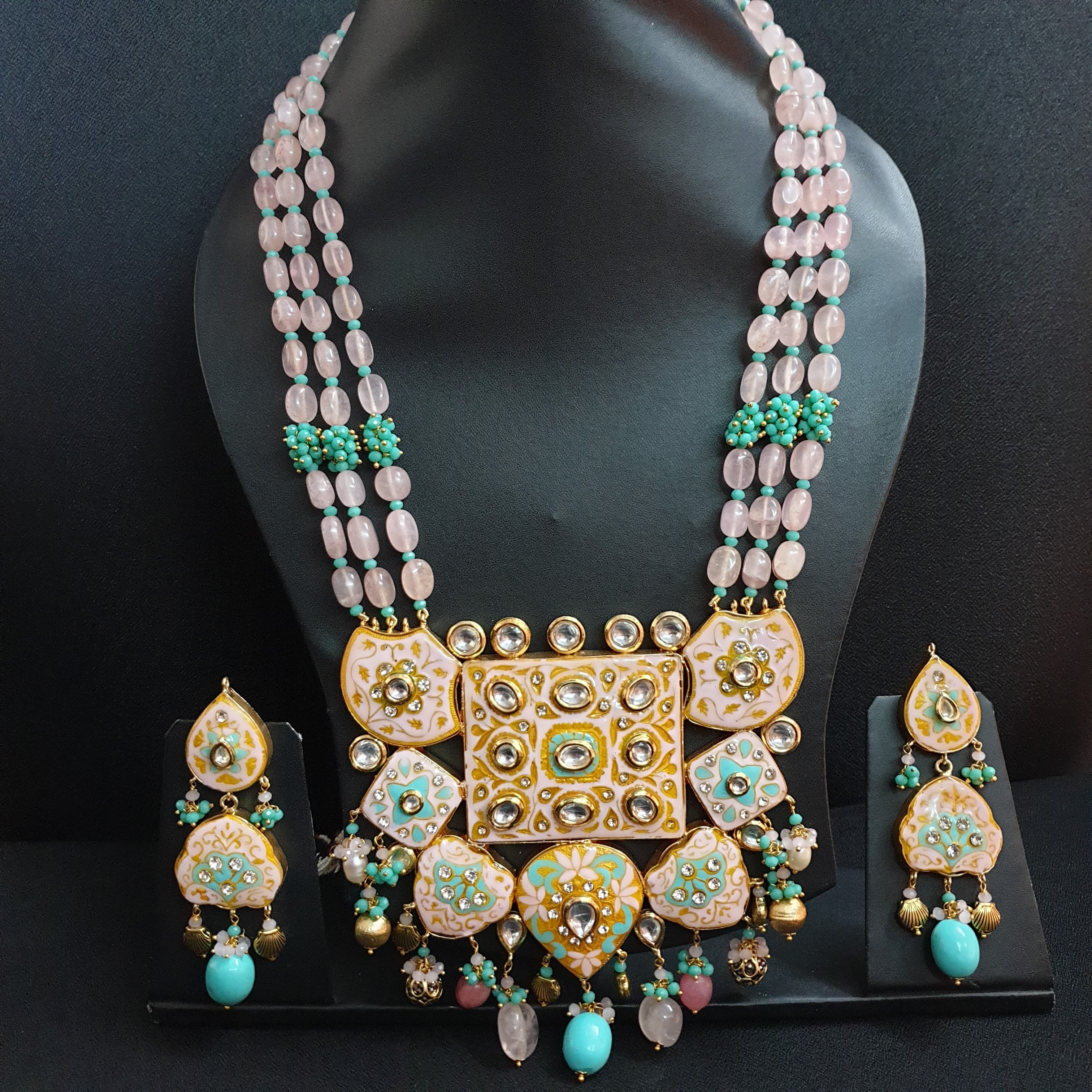 Baby Pink Fusion Kundan Meenakari Pendant Set With Earrings