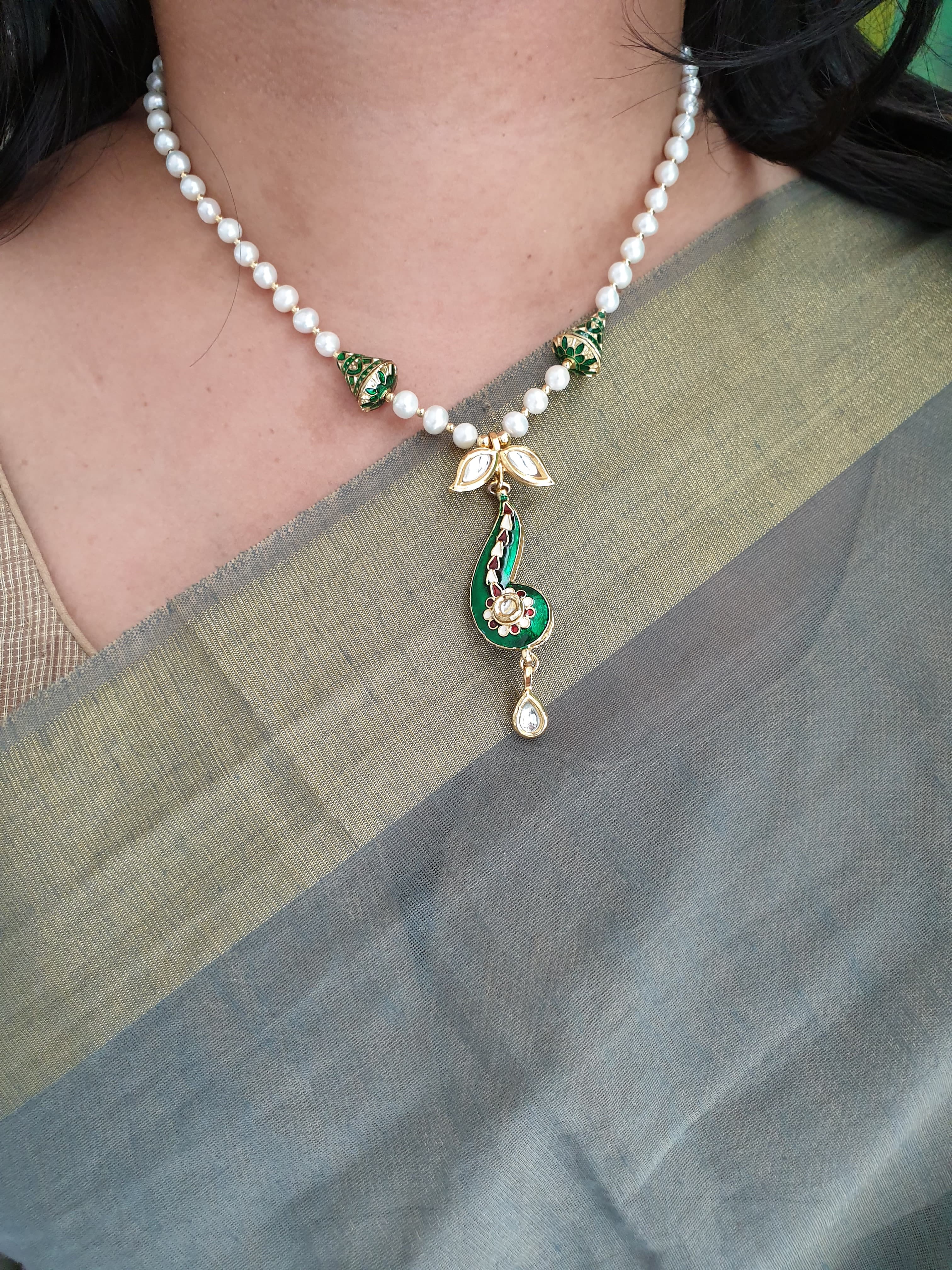 Pearl Bead Green Meenakari Kundan Pendant Set With Earrings