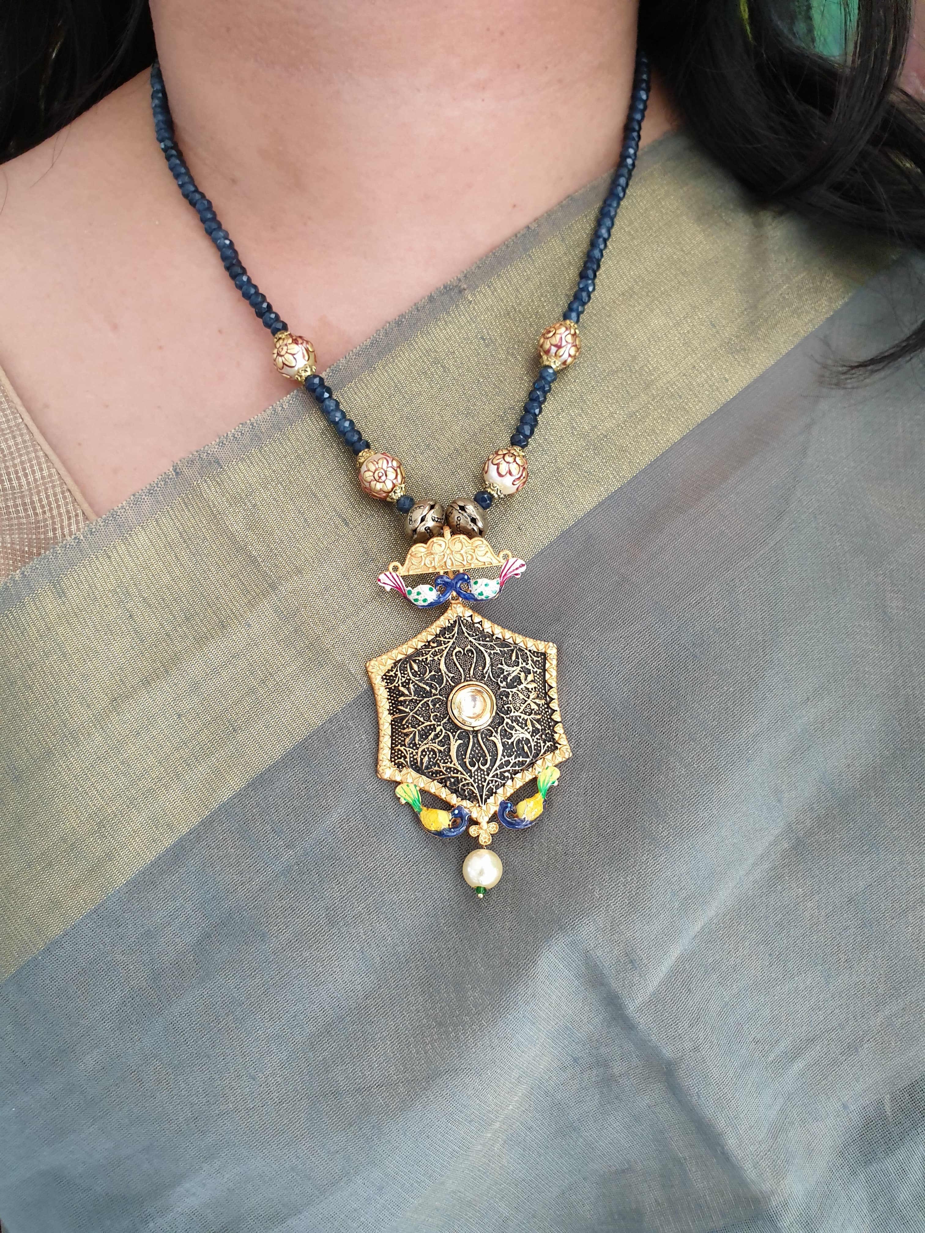 Blue Single Layer Meenakari Pendant Set With Earrings