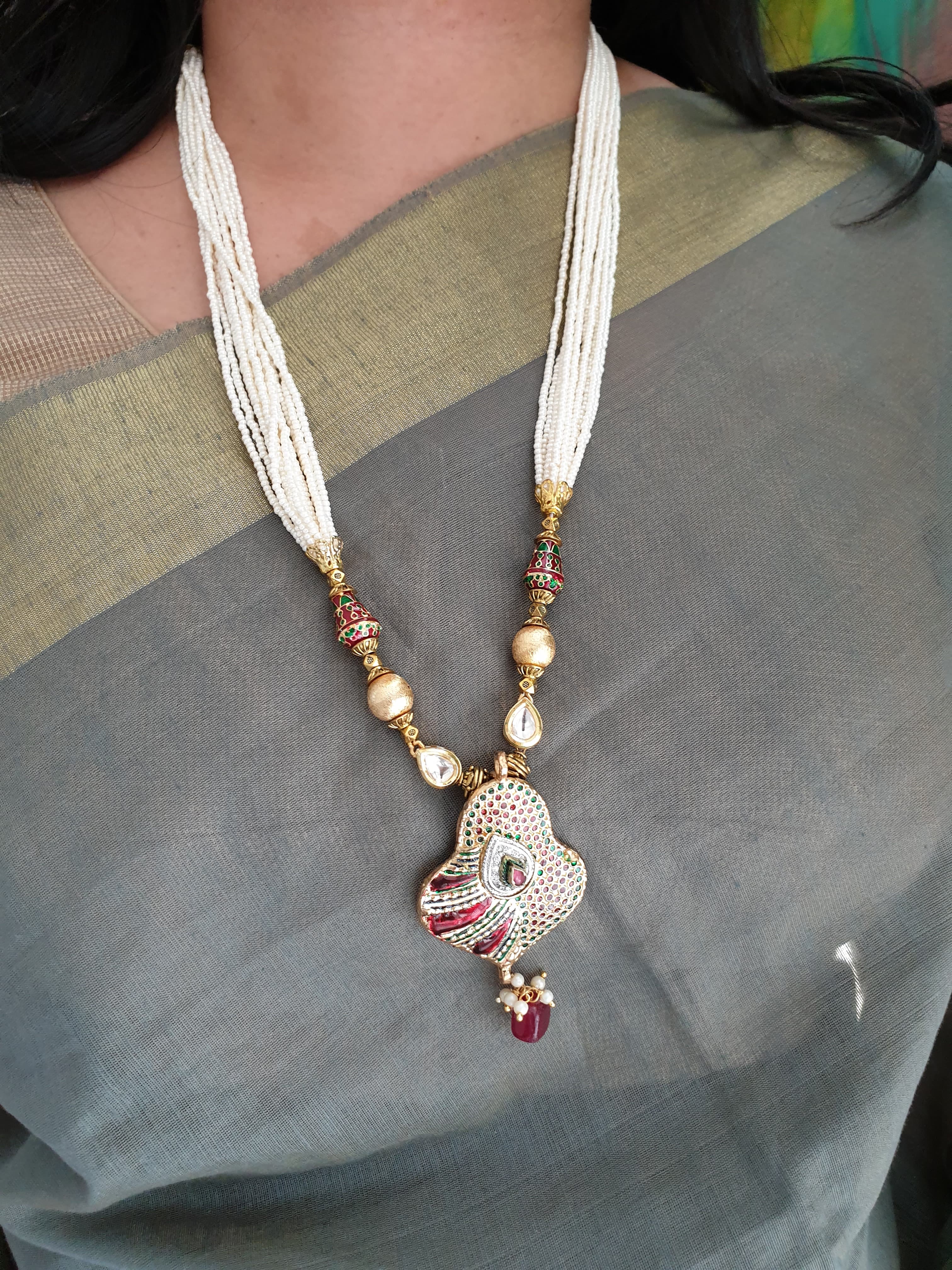 Seed Bead Maroon Meenakari Pendant Set With Earrings