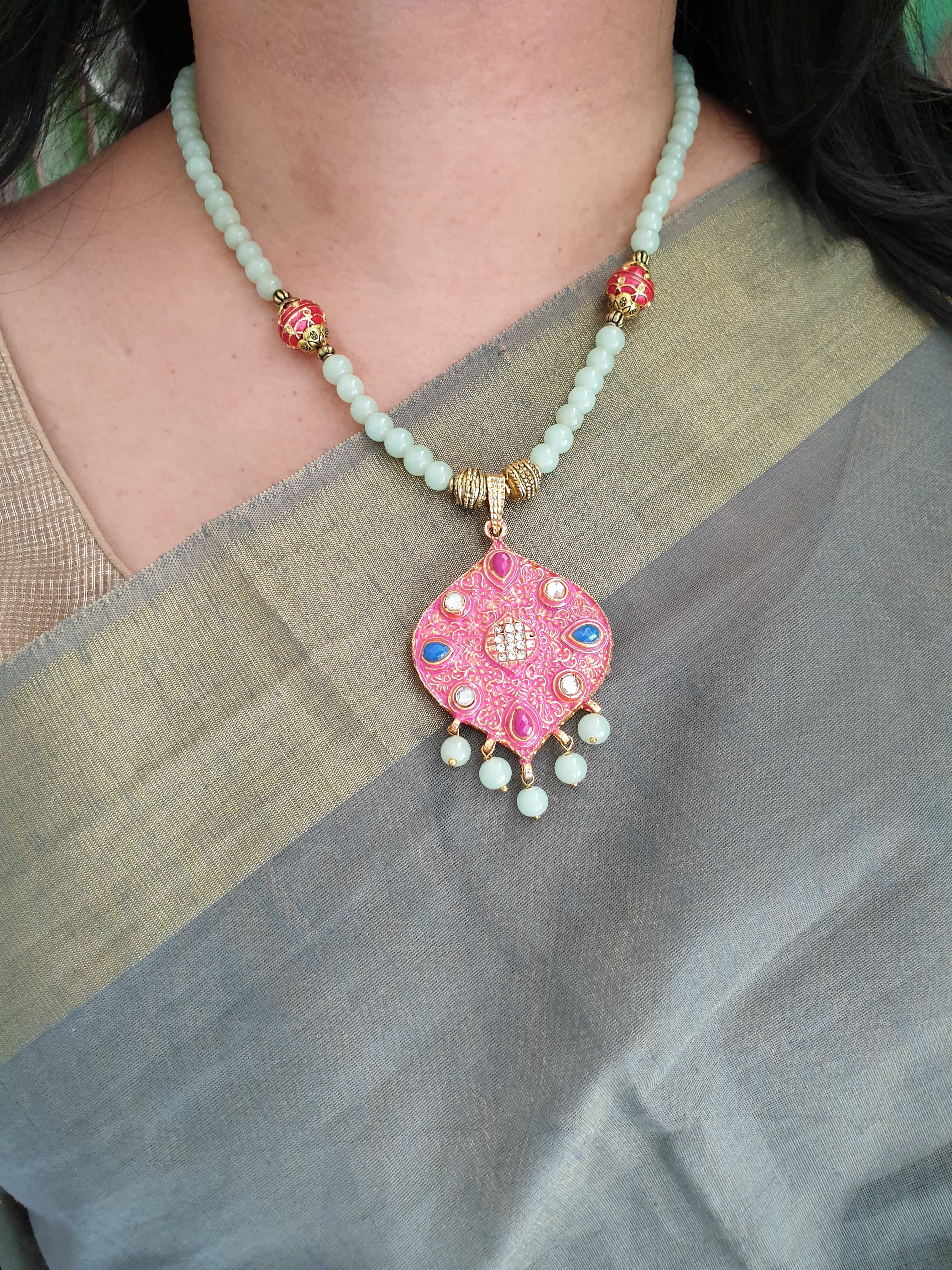 Green Stone and Pink Meenakari Pendant With Earrings