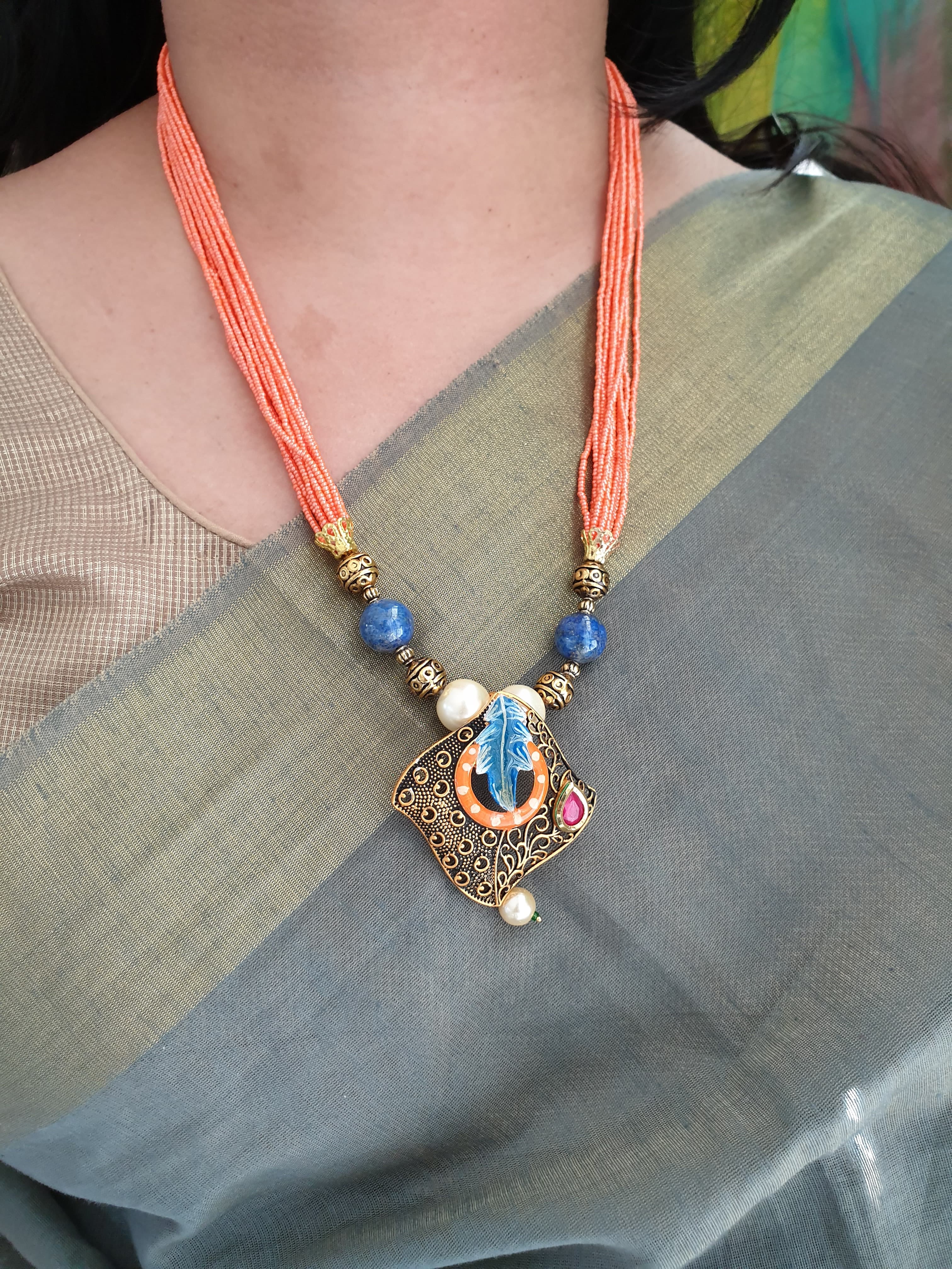 Orange Seed Bead Meenakari Pendant Set With Earrings