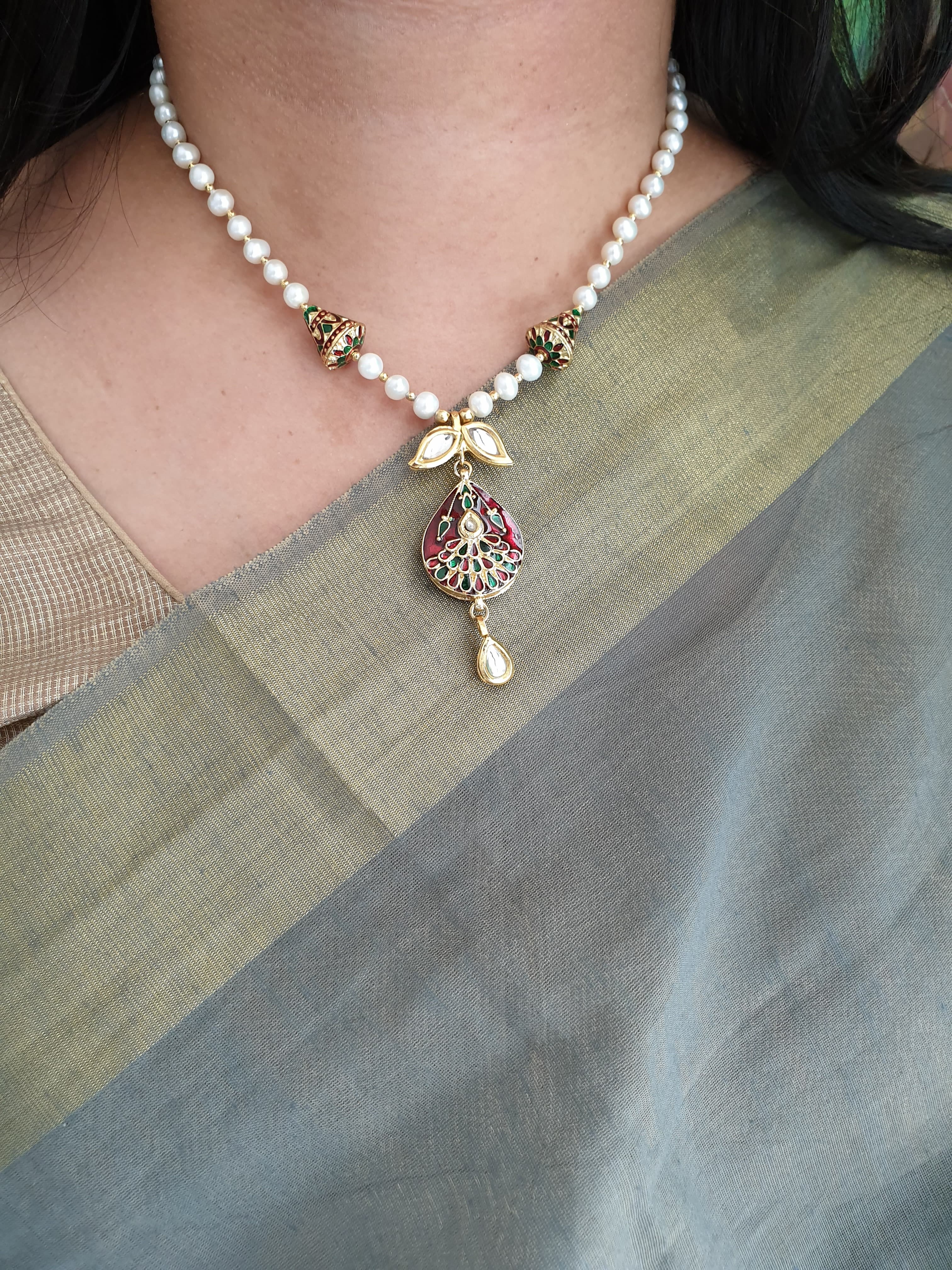 Pearl Bead Maroon Meenakari Pendant Set With Earrings