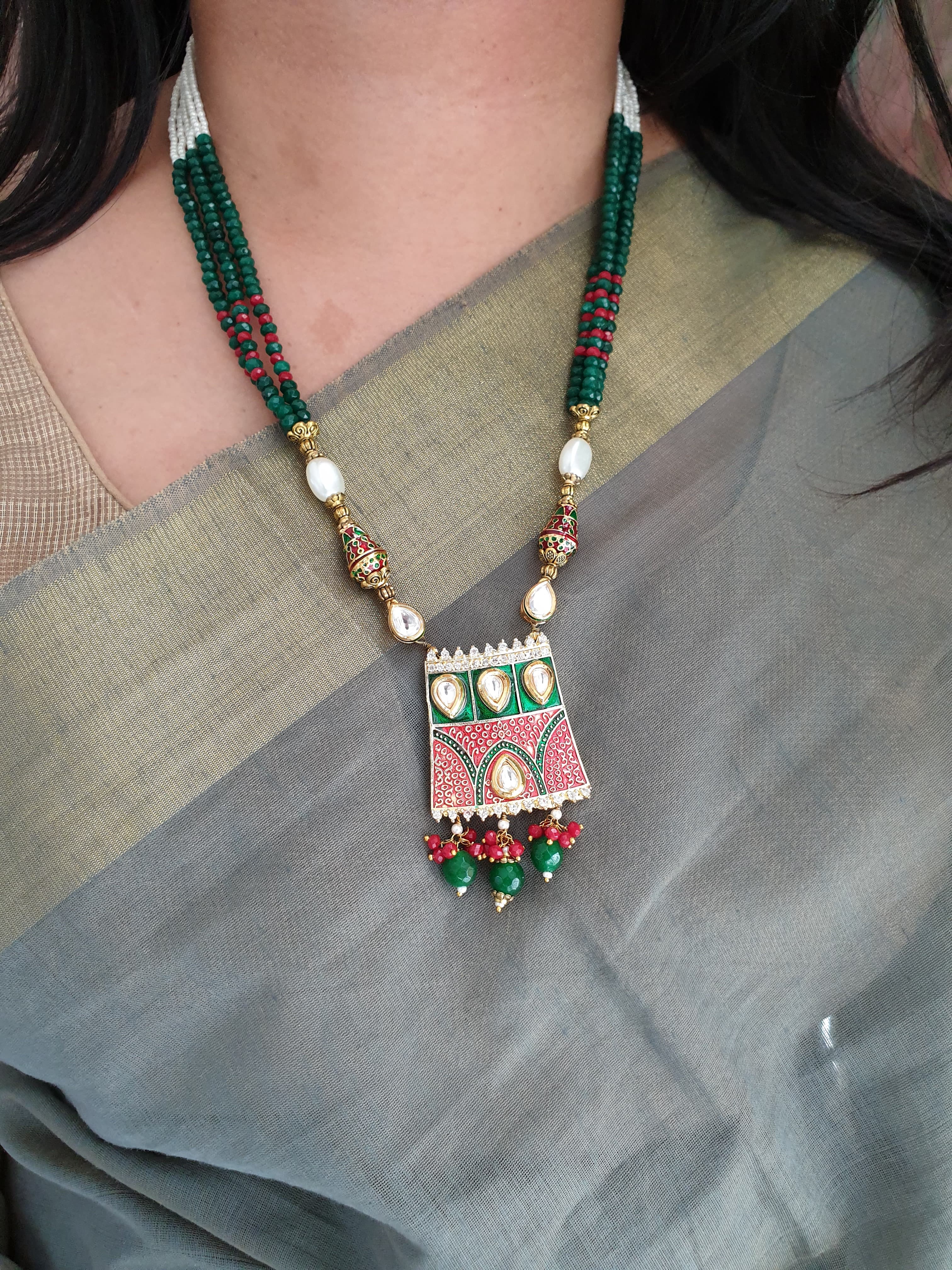 Red Green Kundan Meenakari Pendant and Earrings