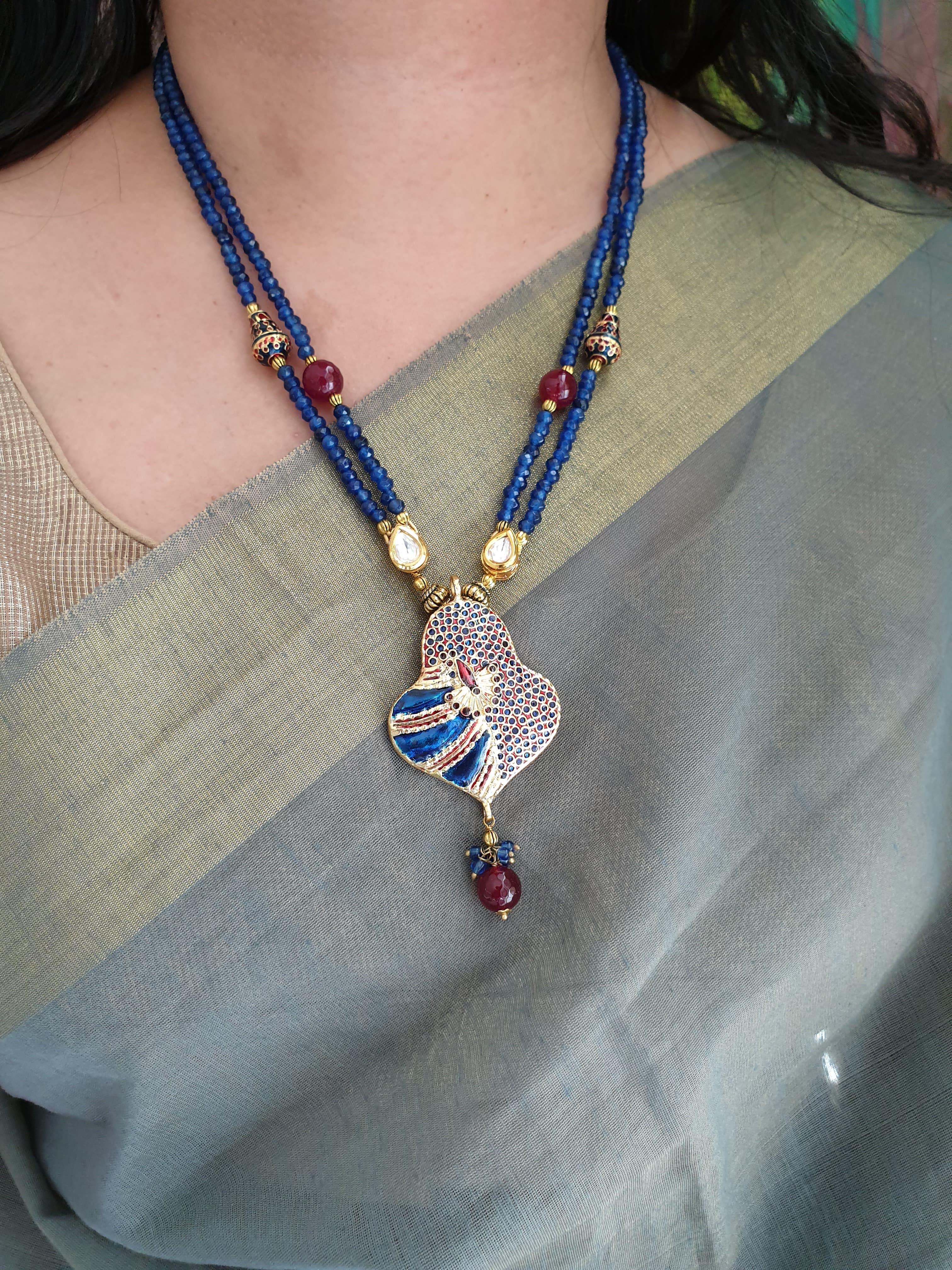 Blue Golden Meenakari Pendant Set With Earrings